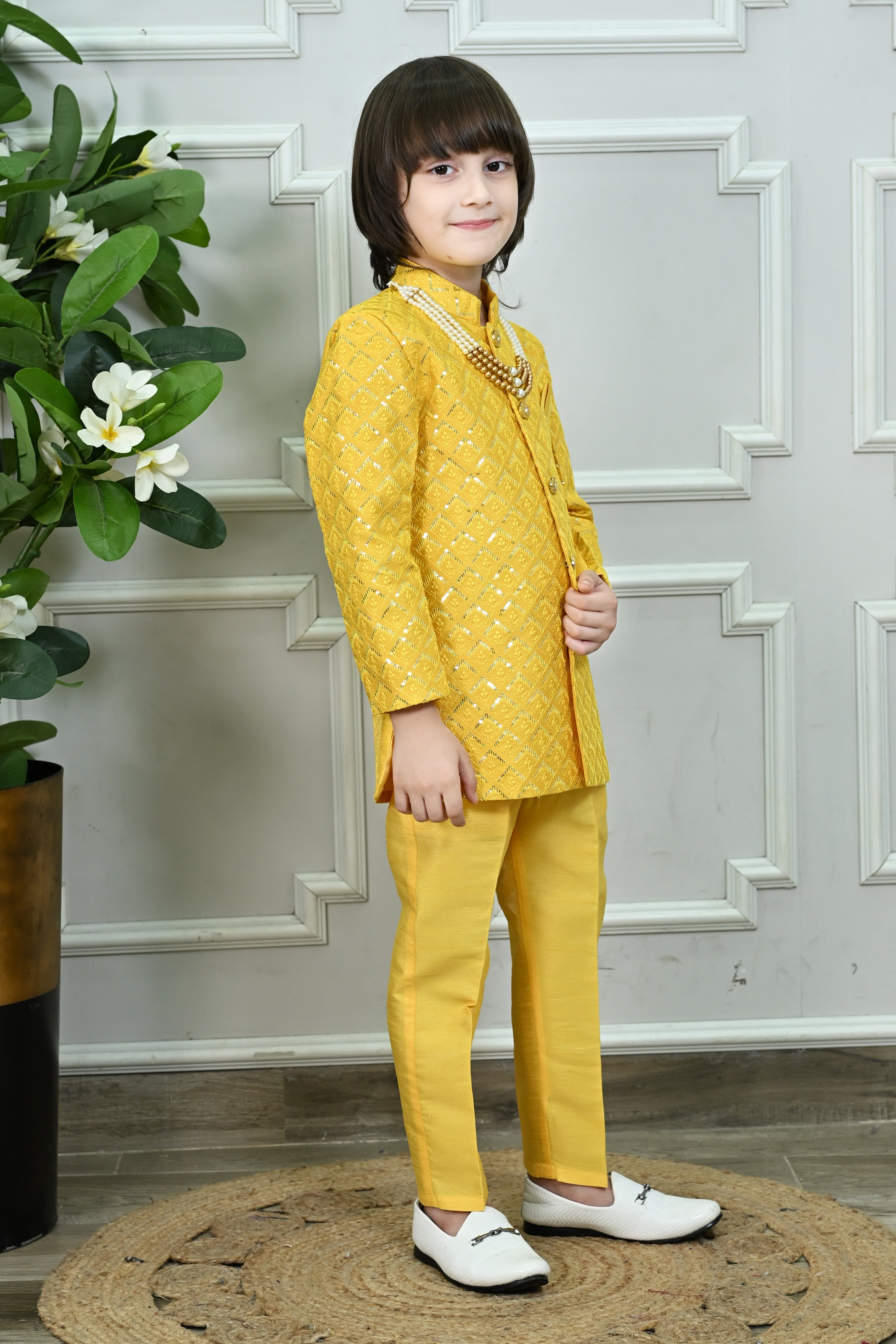 Ahhaaaa Boys' Woven Brocade Jodhpuri Bandhgala Suit Set with Pearl Mala | Kids Indo-Western Ethnic Receptions Dress