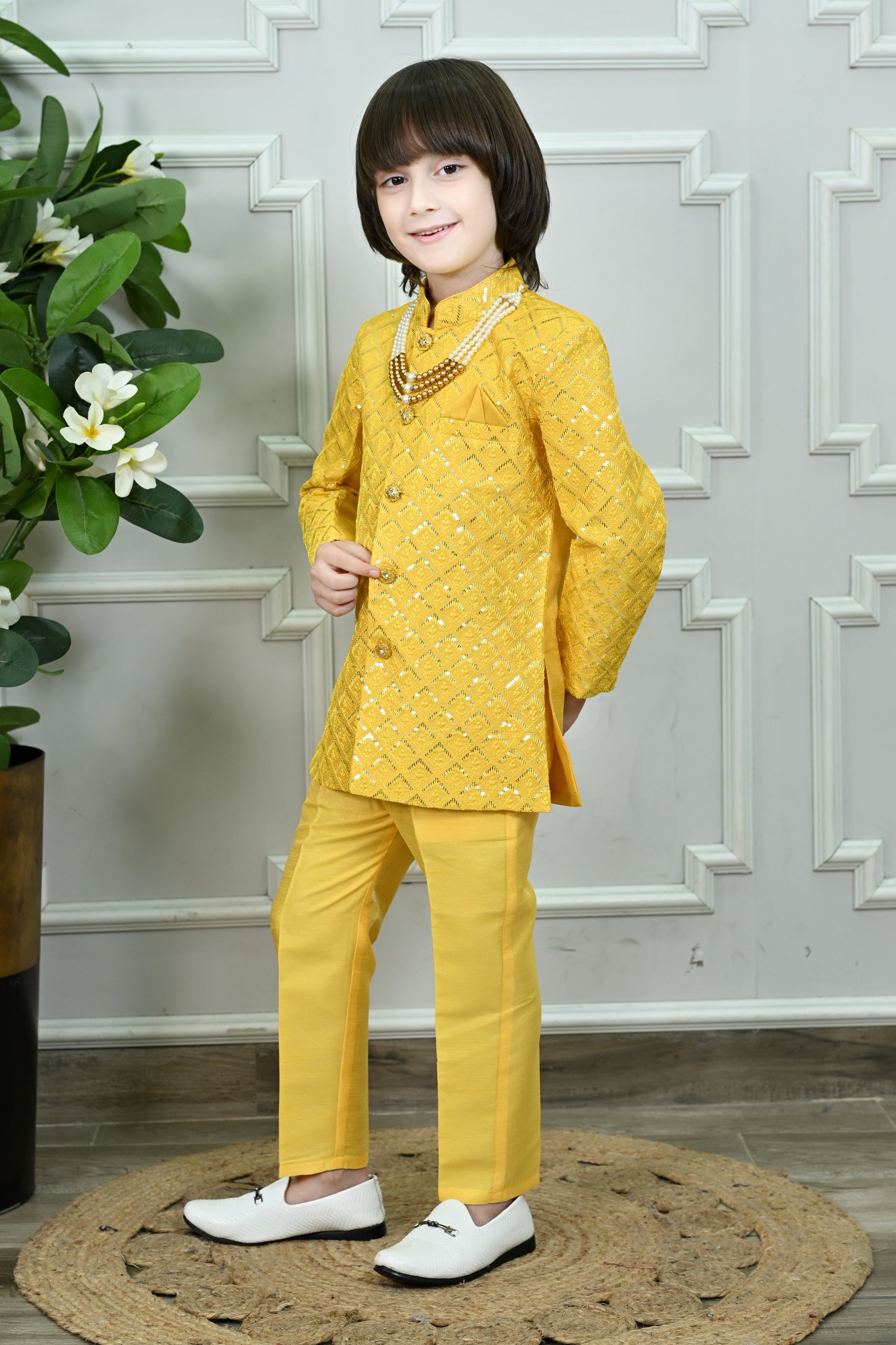 Ahhaaaa Boys' Woven Brocade Jodhpuri Bandhgala Suit Set with Pearl Mala | Kids Indo-Western Ethnic Receptions Dress