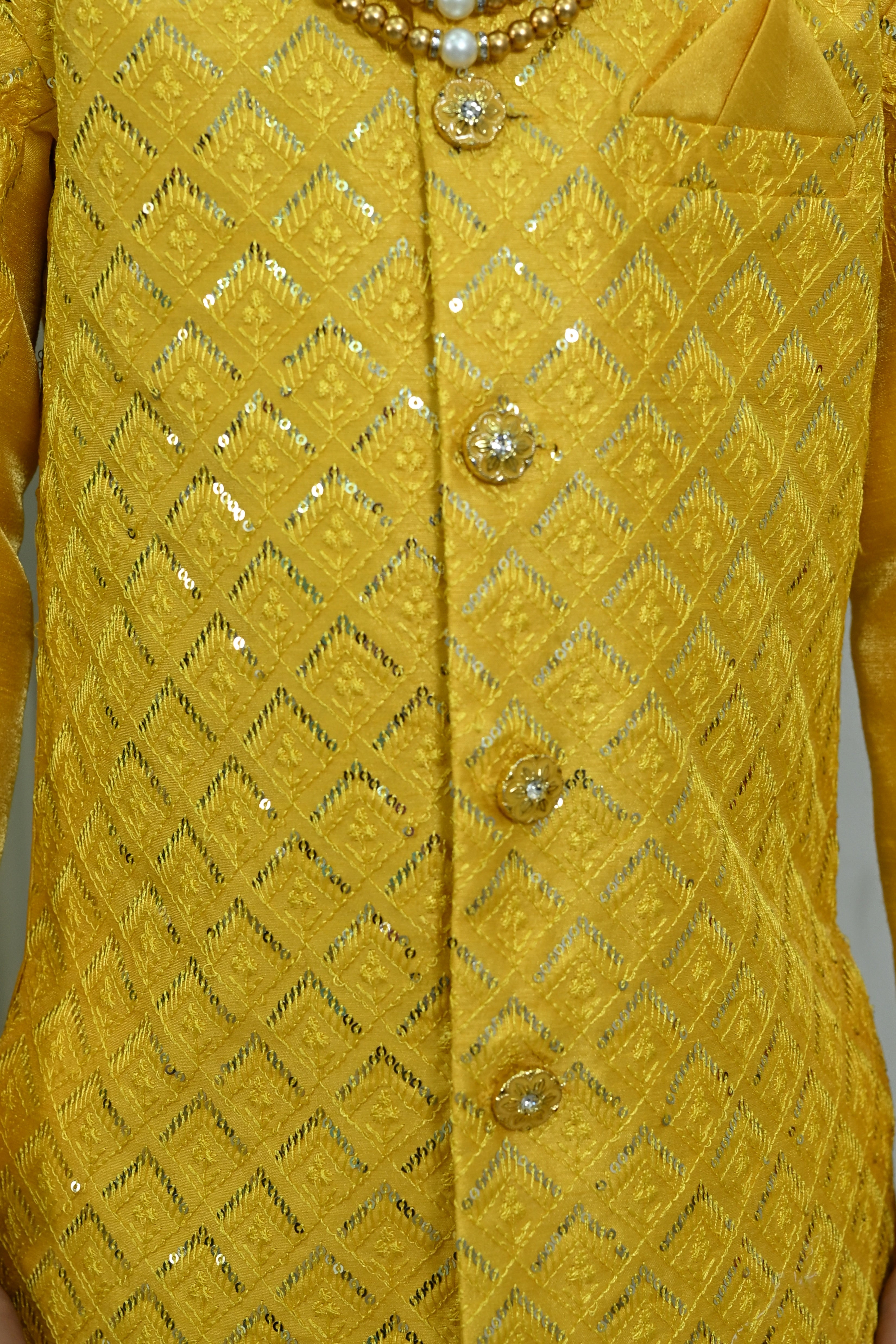 Ahhaaaa Boys' Woven Brocade Jodhpuri Bandhgala Suit Set with Pearl Mala | Kids Indo-Western Ethnic Receptions Dress