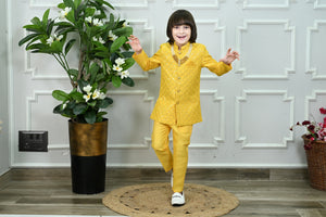 Ahhaaaa Boys' Woven Brocade Jodhpuri Bandhgala Suit Set with Pearl Mala | Kids Indo-Western Ethnic Receptions Dress