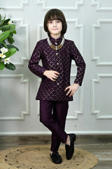 Ahhaaaa Boys' Woven Brocade Jodhpuri Bandhgala Suit Set with Pearl Mala | Kids Indo-Western Ethnic Receptions Dress Wine