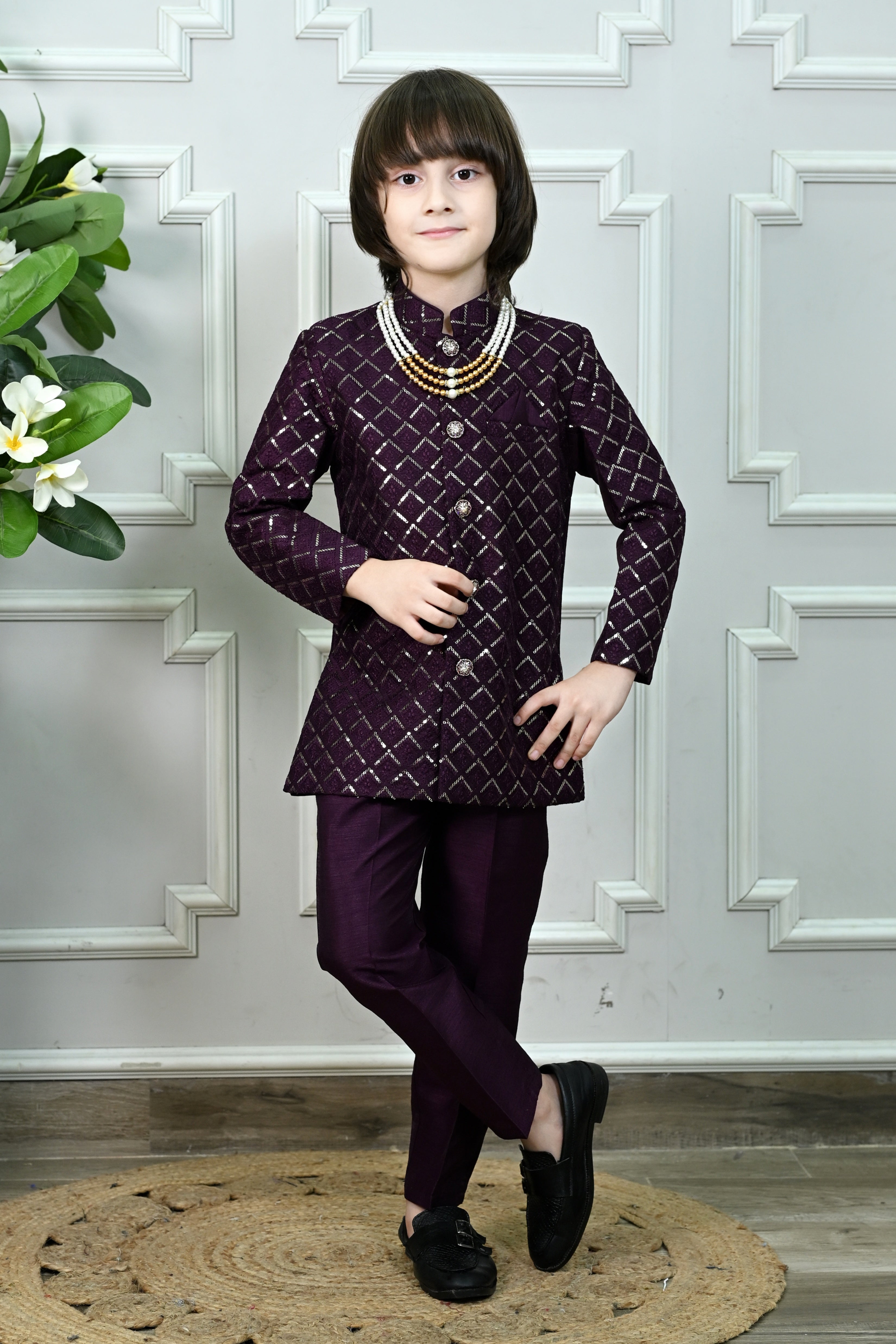 Ahhaaaa Boys' Woven Brocade Jodhpuri Bandhgala Suit Set with Pearl Mala | Kids Indo-Western Ethnic Receptions Dress Wine