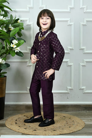 Ahhaaaa Boys' Woven Brocade Jodhpuri Bandhgala Suit Set with Pearl Mala | Kids Indo-Western Ethnic Receptions Dress