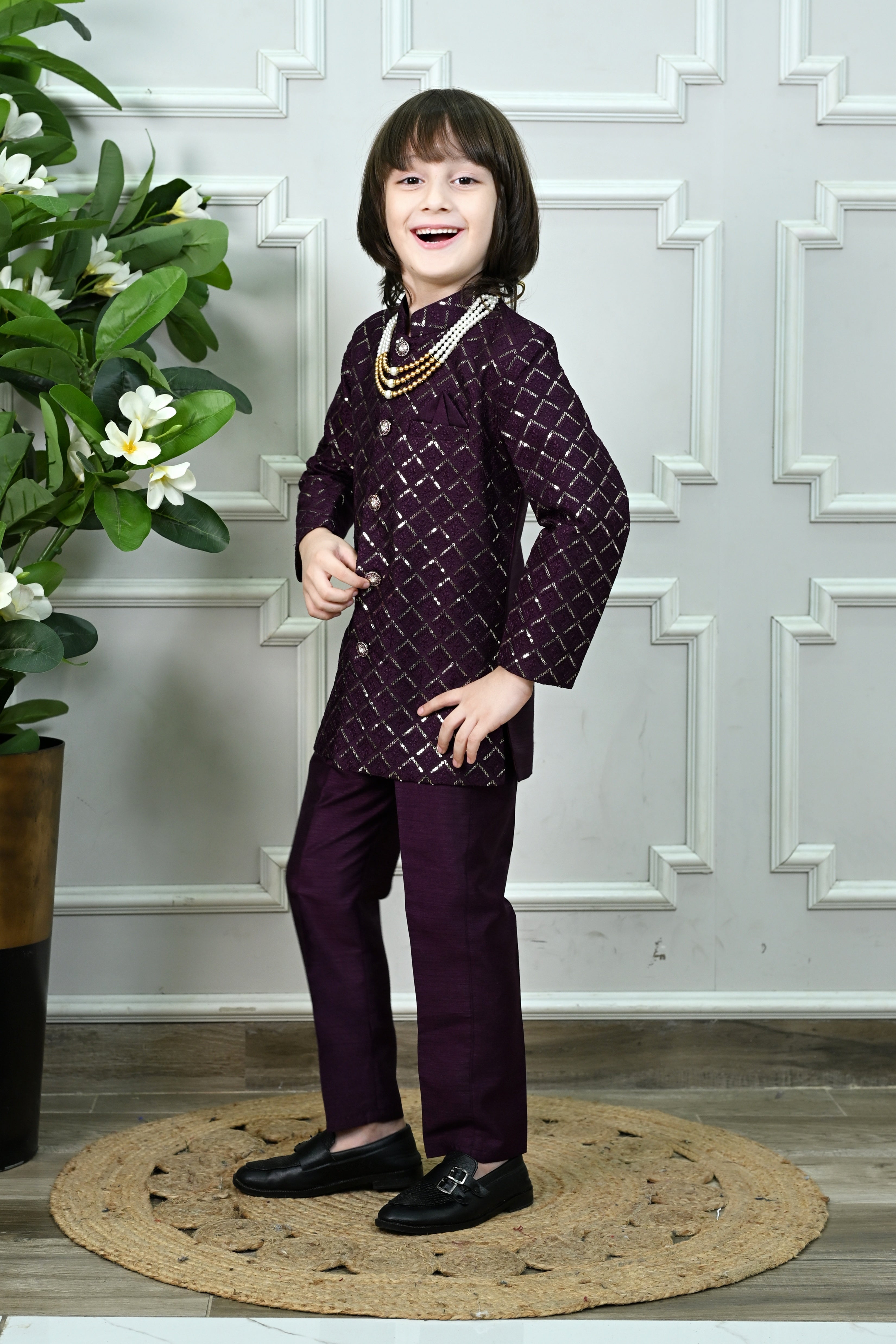 Ahhaaaa Boys' Woven Brocade Jodhpuri Bandhgala Suit Set with Pearl Mala | Kids Indo-Western Ethnic Receptions Dress