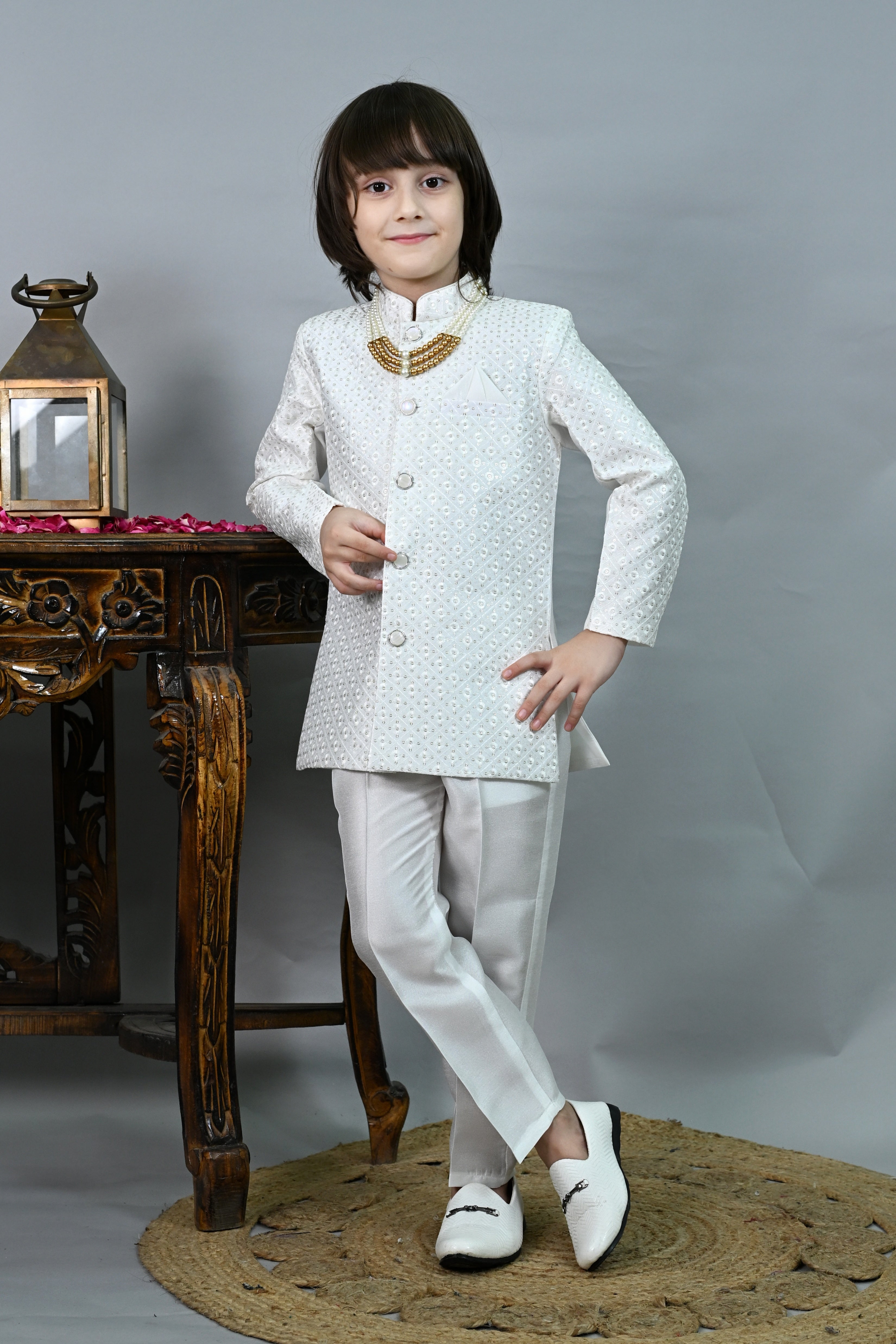 Ahhaaaa Boys' Jodhpuri Bandhgala Suit Set with Mala | Kids Jacquard Weave Ethnic Wedding Dress White