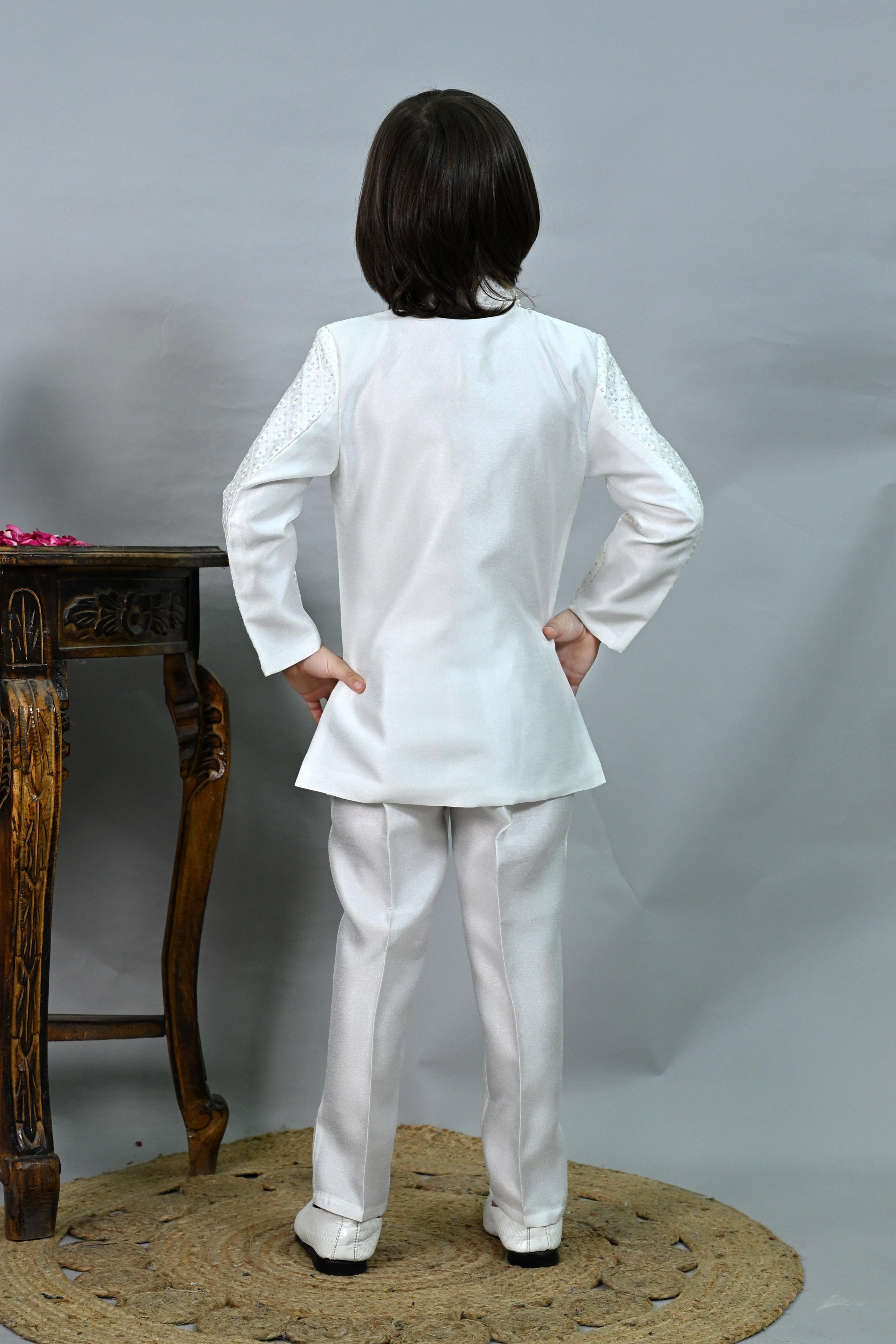 Ahhaaaa Boys' Jodhpuri Bandhgala Suit Set with Mala | Kids Jacquard Weave Ethnic Wedding Dress