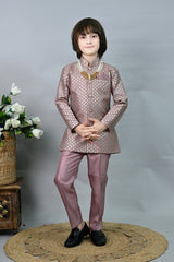 Ahhaaaa Boys' Woven Brocade Jodhpuri Bandhgala Suit Set with Pearl Mala | Kids Indo-Western Ethnic Festive Pink