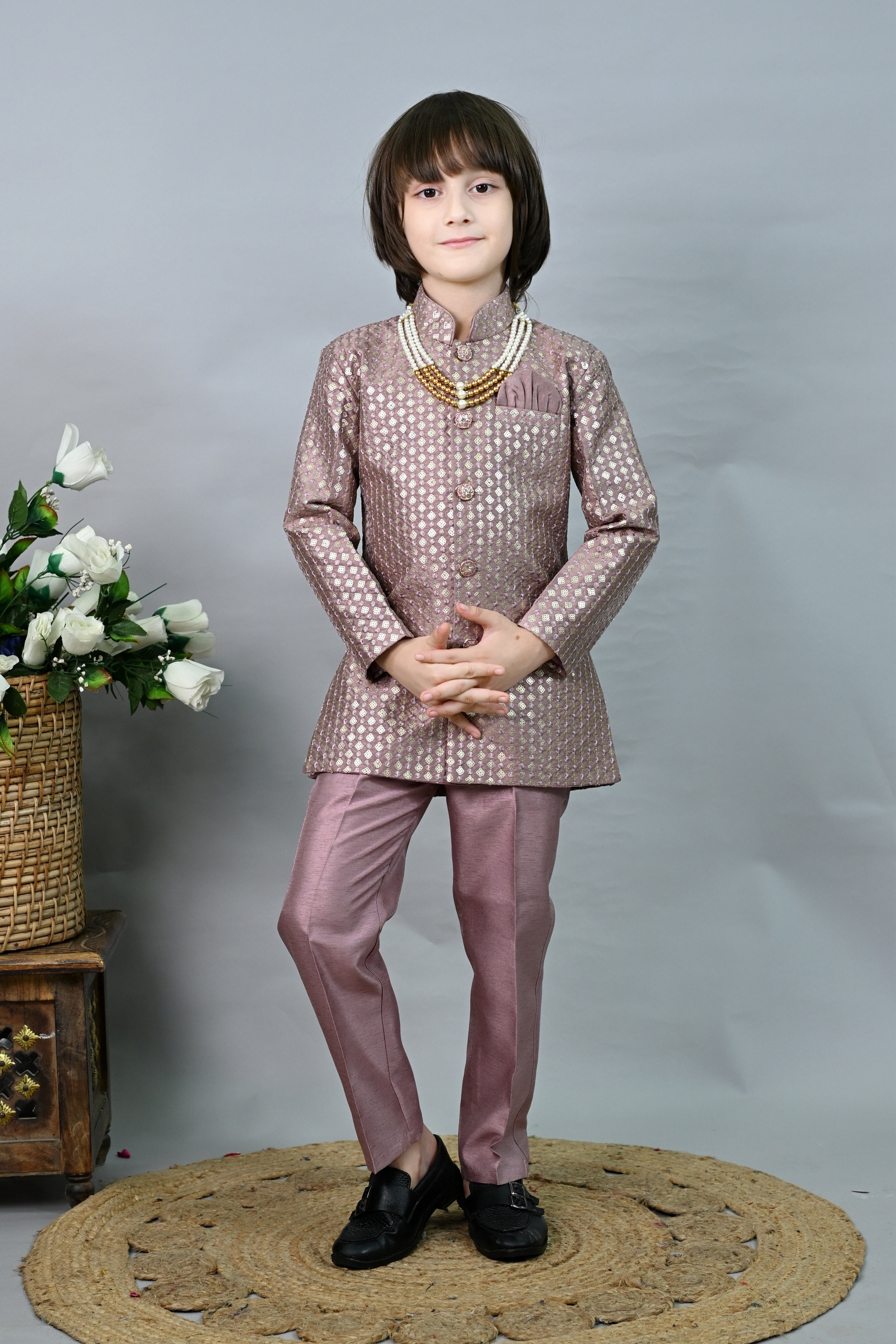 Ahhaaaa Boys' Woven Brocade Jodhpuri Bandhgala Suit Set with Pearl Mala | Kids Indo-Western Ethnic Festive Pink