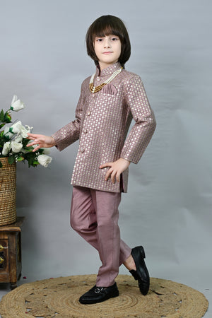 Ahhaaaa Boys' Woven Brocade Jodhpuri Bandhgala Suit Set with Pearl Mala | Kids Indo-Western Ethnic Festive