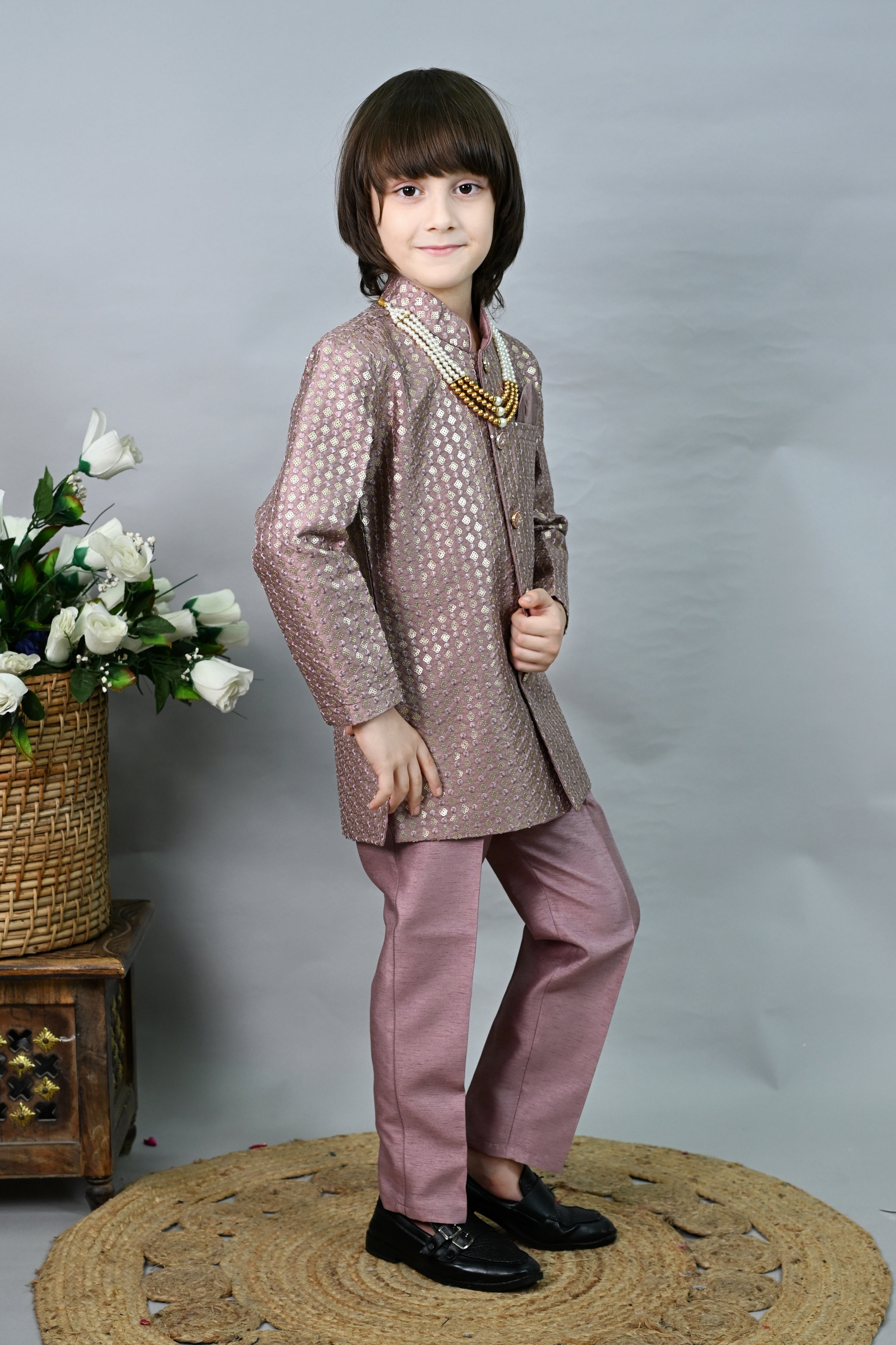 Ahhaaaa Boys' Woven Brocade Jodhpuri Bandhgala Suit Set with Pearl Mala | Kids Indo-Western Ethnic Festive