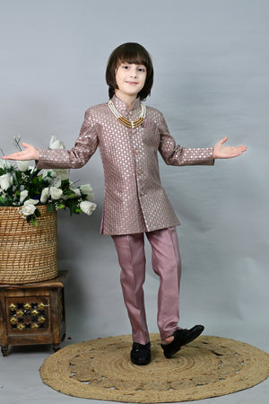 Ahhaaaa Boys' Woven Brocade Jodhpuri Bandhgala Suit Set with Pearl Mala | Kids Indo-Western Ethnic Festive