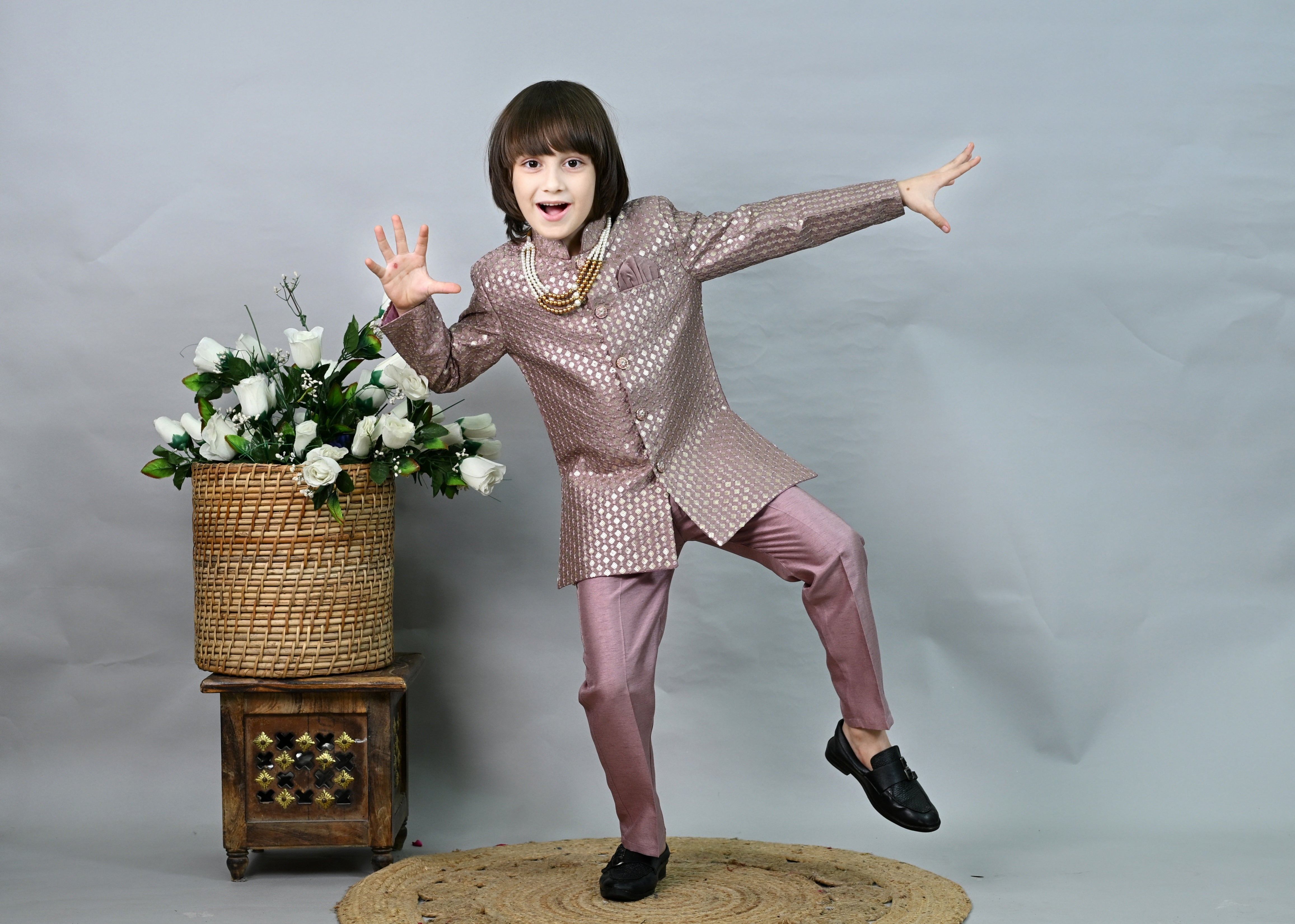 Ahhaaaa Boys' Woven Brocade Jodhpuri Bandhgala Suit Set with Pearl Mala | Kids Indo-Western Ethnic Festive