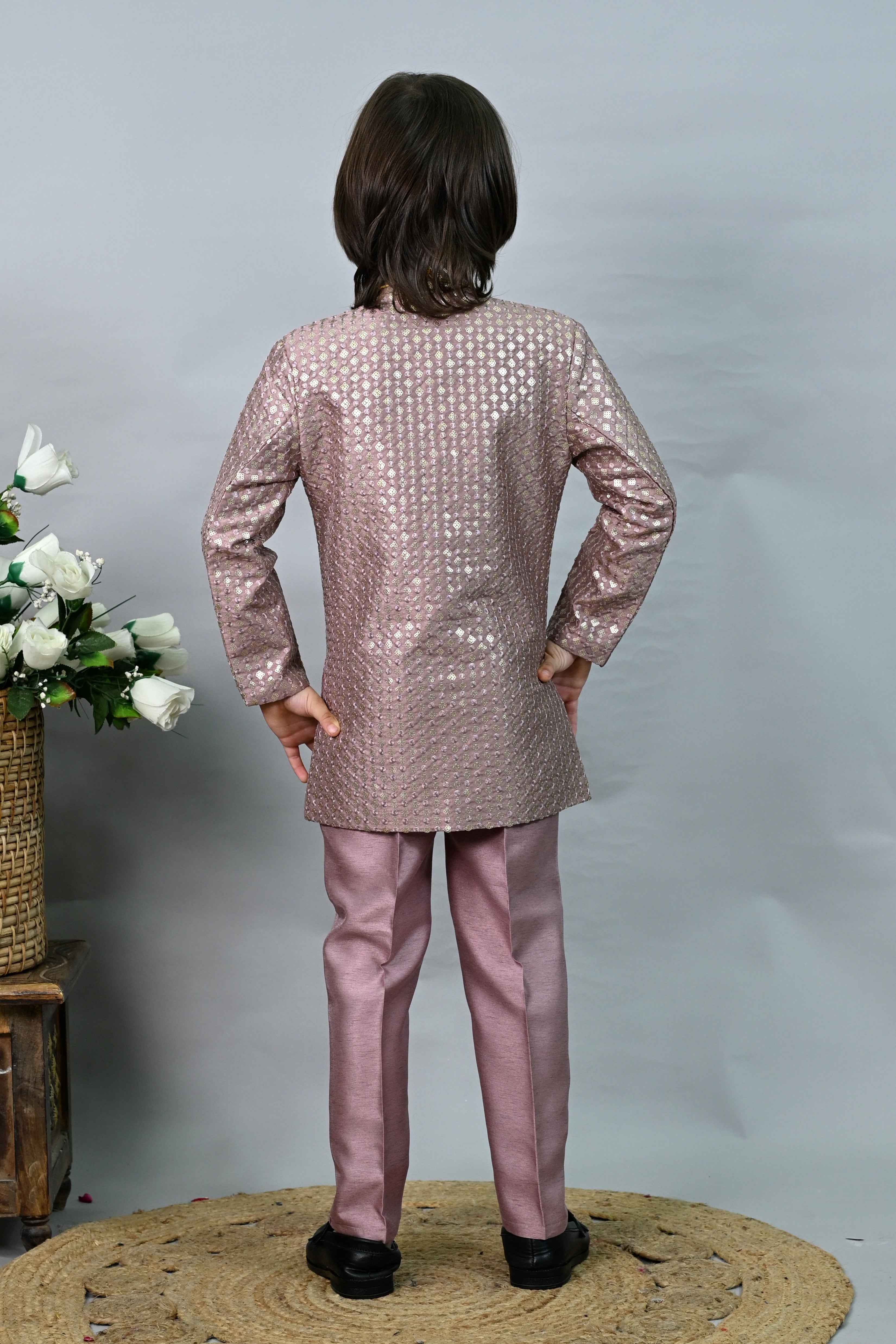 Ahhaaaa Boys' Woven Brocade Jodhpuri Bandhgala Suit Set with Pearl Mala | Kids Indo-Western Ethnic Festive