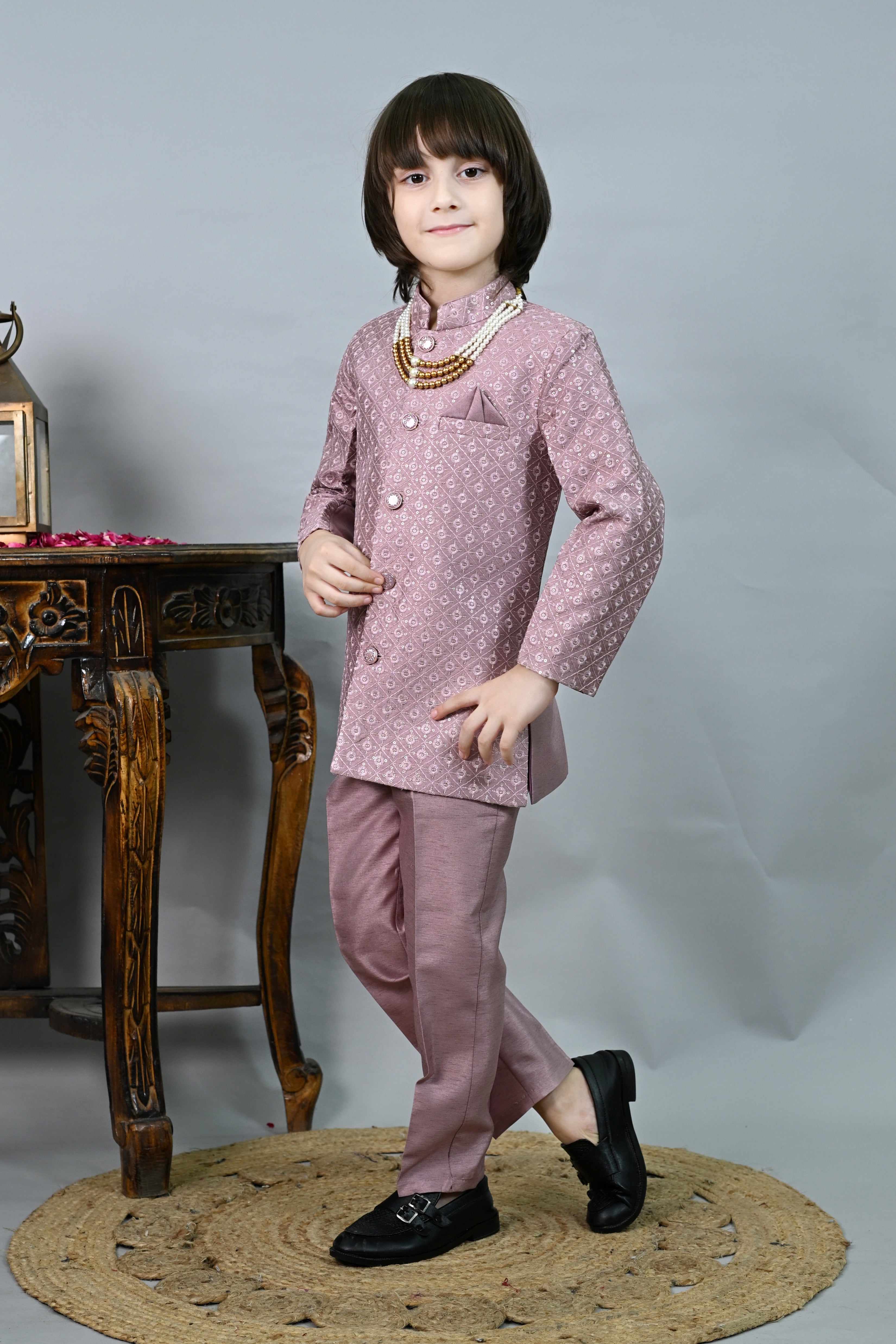 Ahhaaaa Boys' Jodhpuri Bandhgala Suit Set with Mala | Kids Jacquard Weave Ethnic Wedding Dress