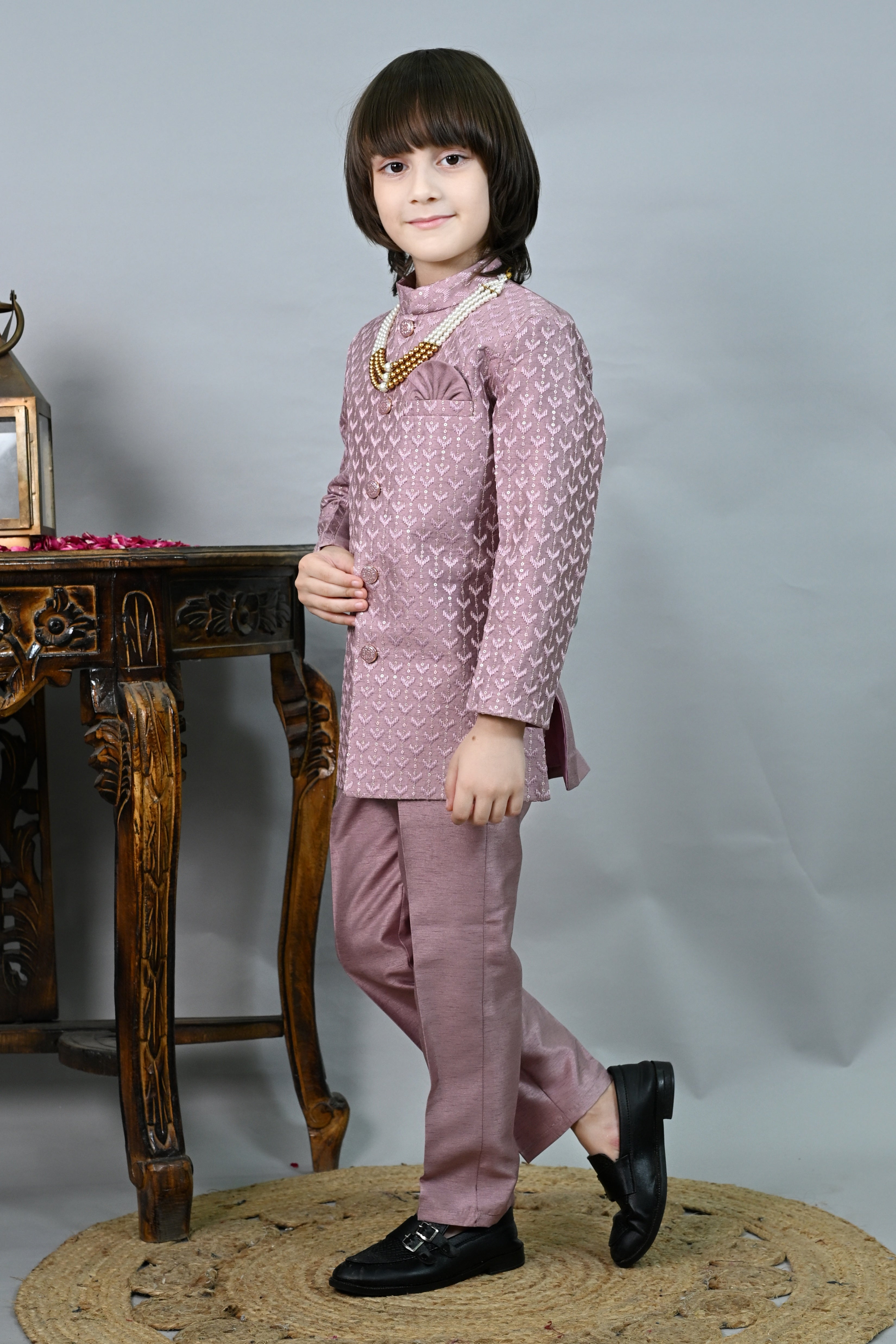 Ahhaaaa Boys' Woven Jacquard Jodhpuri Bandhgala Suit Set with Pearl Mala | Kids Indo-Western Ethnic Festive Dress