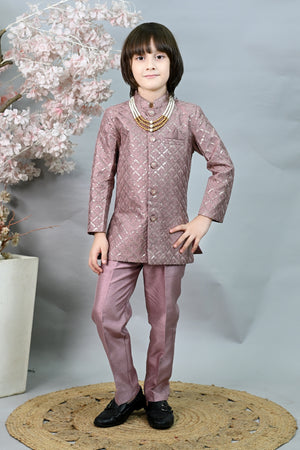 Ahhaaaa Boys' Woven Brocade Jodhpuri Bandhgala Suit Set with Pearl Mala | Kids Indo-Western Ethnic Receptions Dress Pink