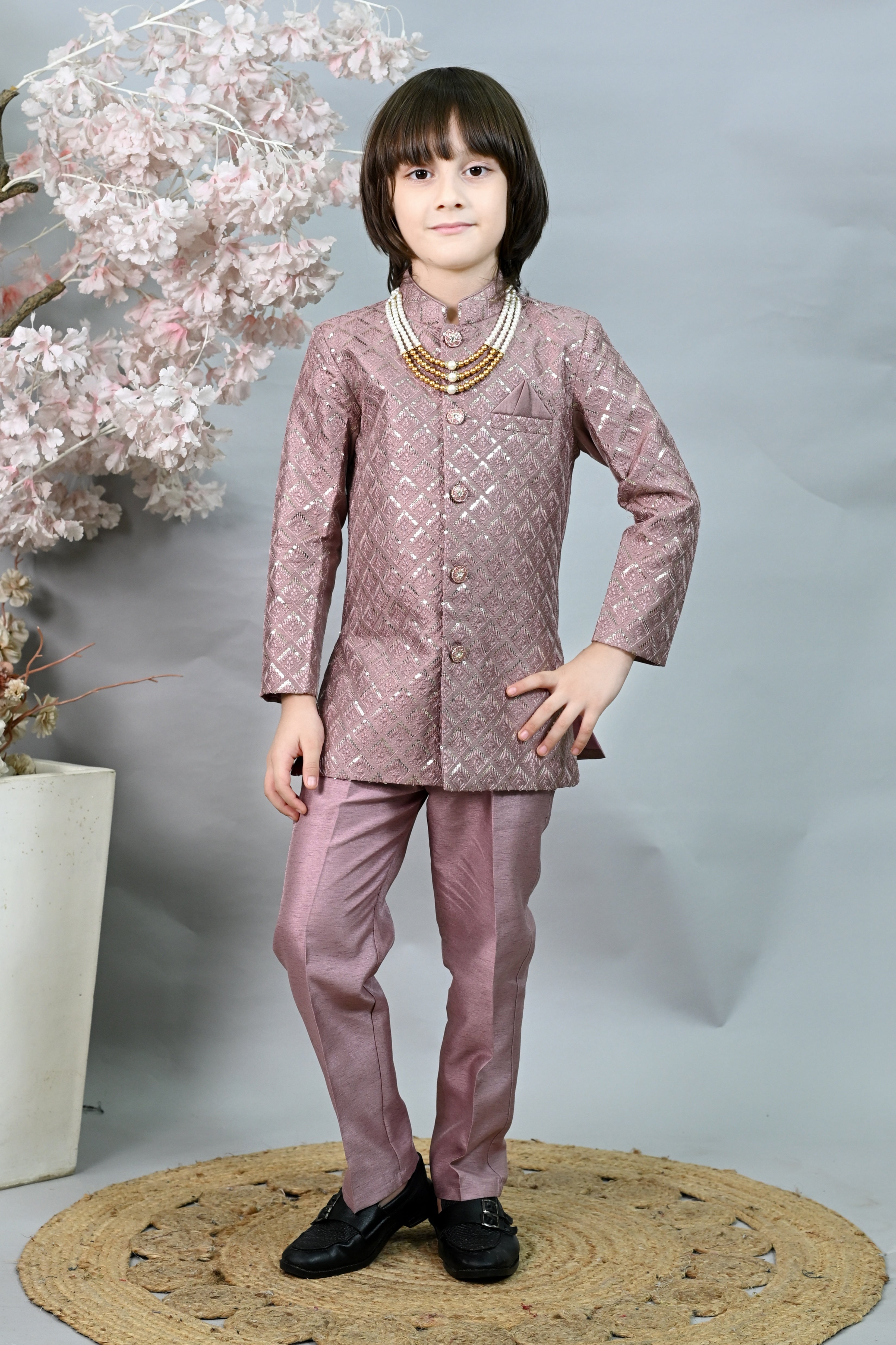 Ahhaaaa Boys' Woven Brocade Jodhpuri Bandhgala Suit Set with Pearl Mala | Kids Indo-Western Ethnic Receptions Dress Pink