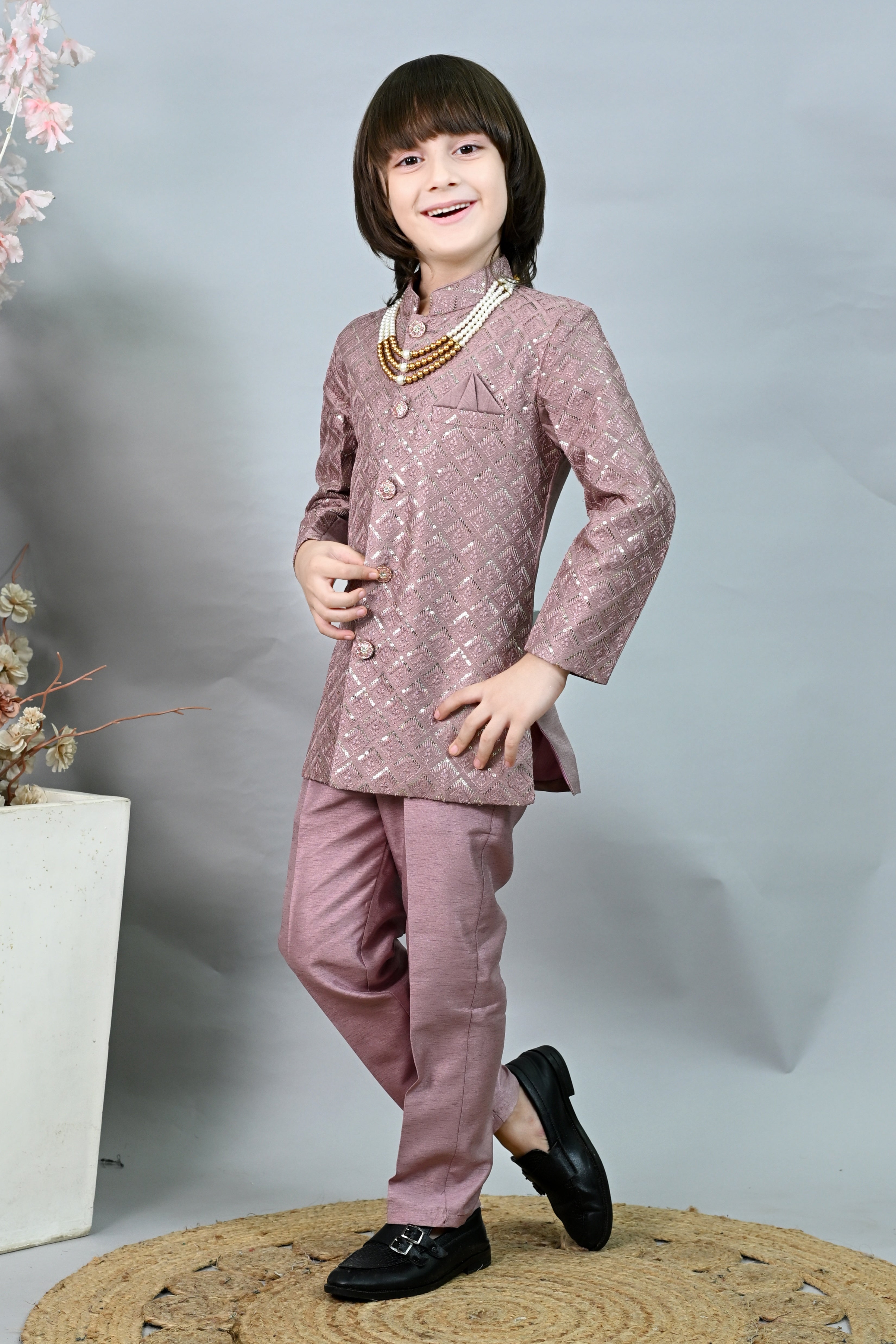 Ahhaaaa Boys' Woven Brocade Jodhpuri Bandhgala Suit Set with Pearl Mala | Kids Indo-Western Ethnic Receptions Dress