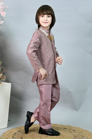 Ahhaaaa Boys' Woven Brocade Jodhpuri Bandhgala Suit Set with Pearl Mala | Kids Indo-Western Ethnic Receptions Dress