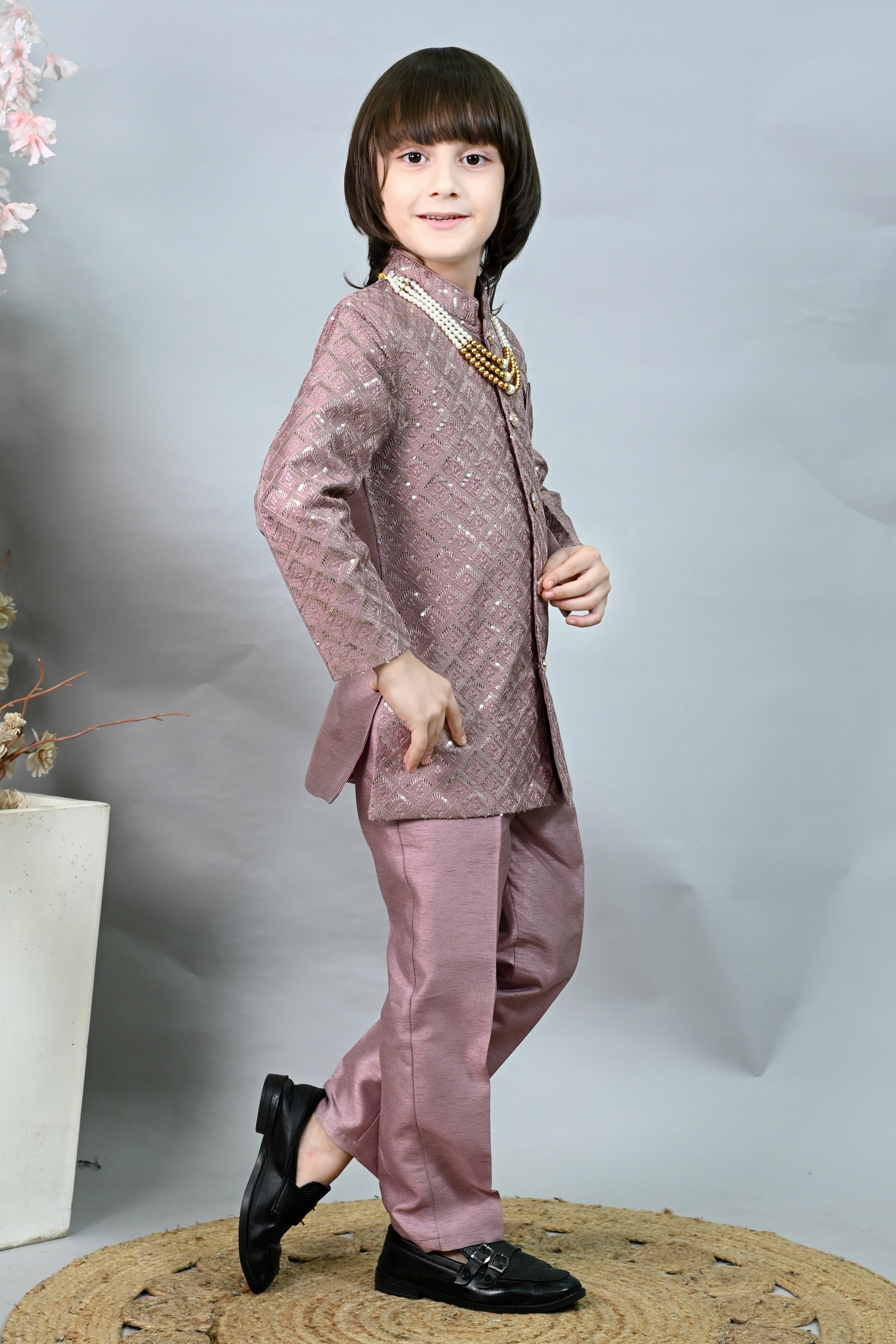 Ahhaaaa Boys' Woven Brocade Jodhpuri Bandhgala Suit Set with Pearl Mala | Kids Indo-Western Ethnic Receptions Dress