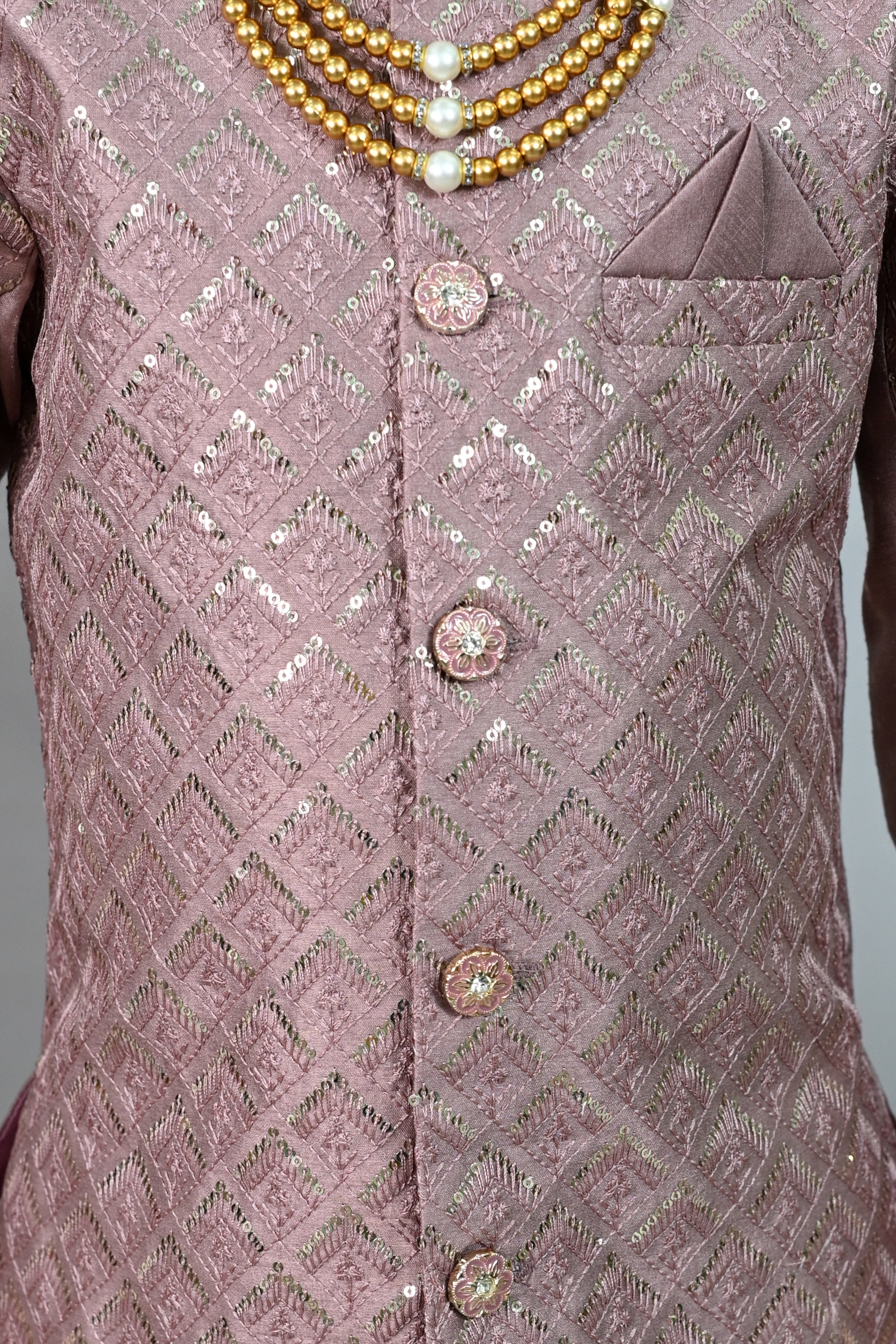 Ahhaaaa Boys' Woven Brocade Jodhpuri Bandhgala Suit Set with Pearl Mala | Kids Indo-Western Ethnic Receptions Dress