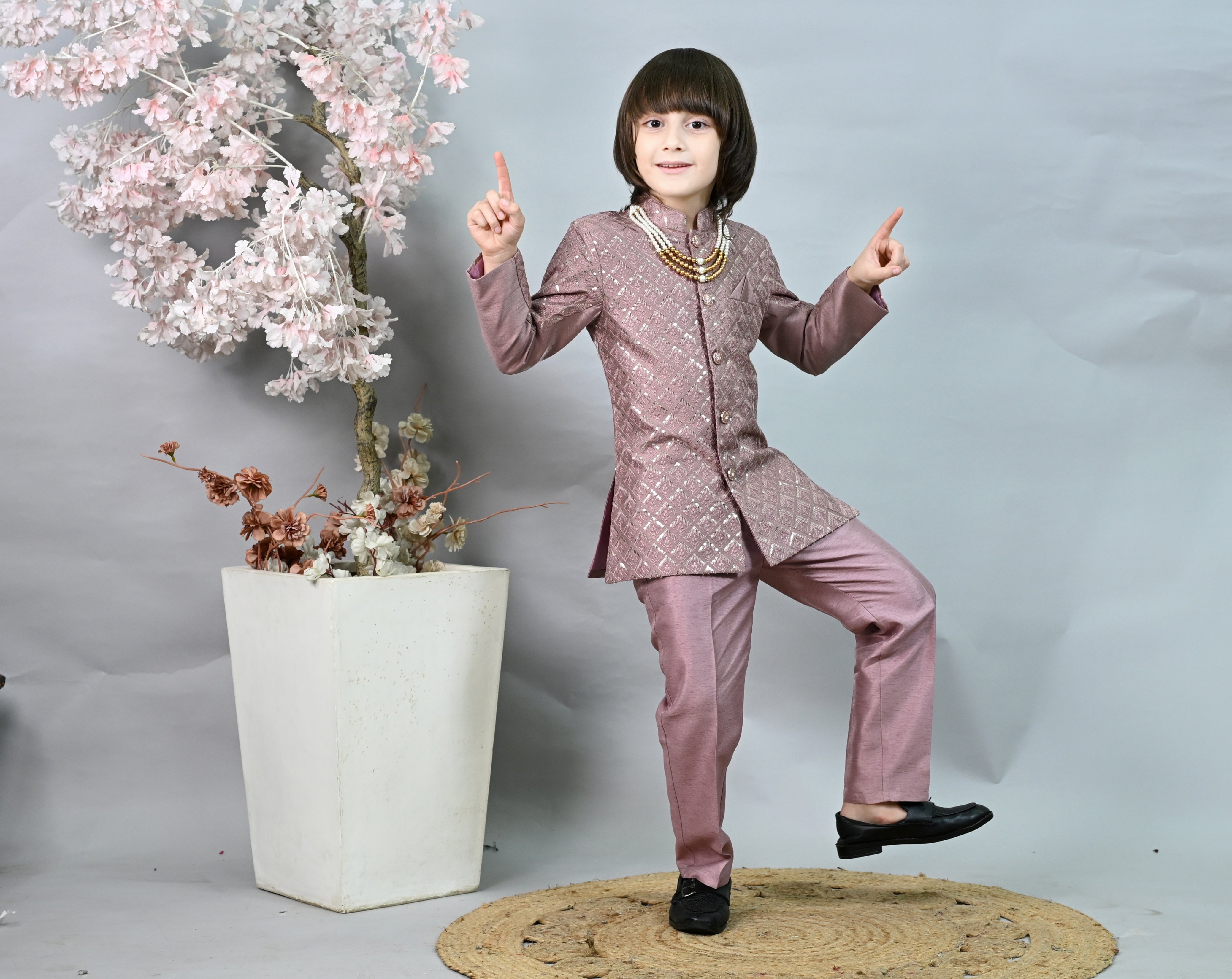 Ahhaaaa Boys' Woven Brocade Jodhpuri Bandhgala Suit Set with Pearl Mala | Kids Indo-Western Ethnic Receptions Dress