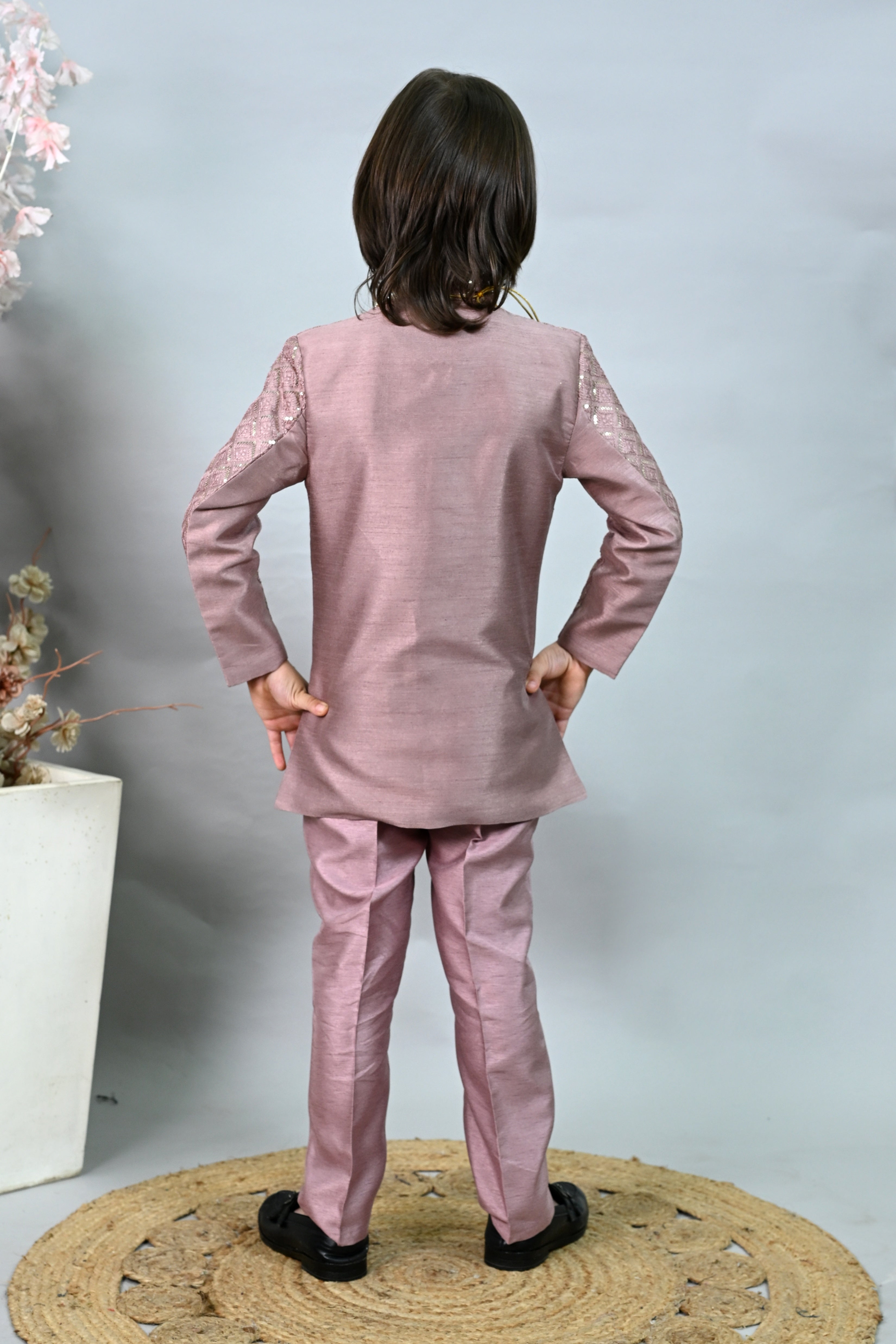 Ahhaaaa Boys' Woven Brocade Jodhpuri Bandhgala Suit Set with Pearl Mala | Kids Indo-Western Ethnic Receptions Dress