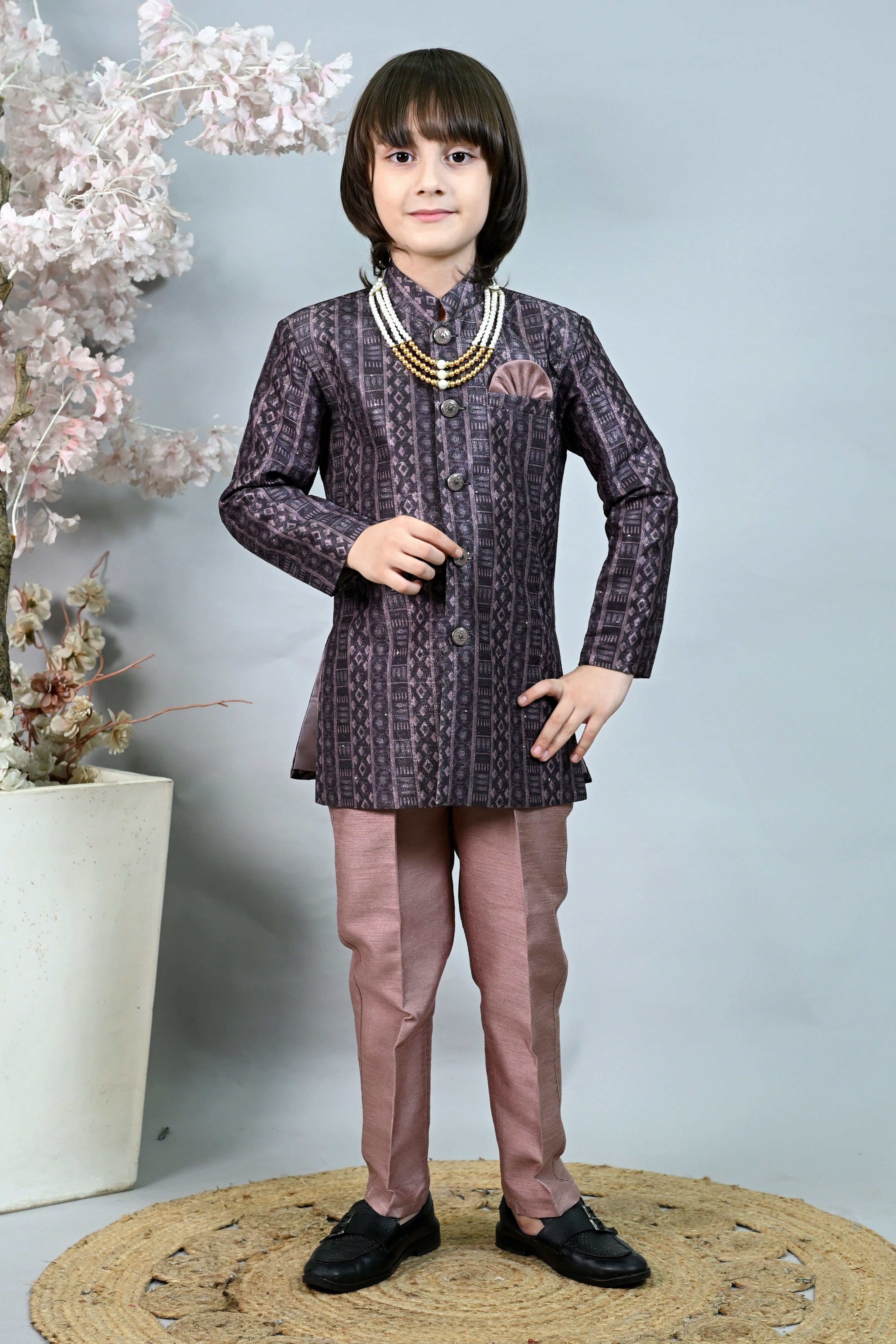 Ahhaaaa Boys Indo-Western Sherwani Set | Kids Jodhpuri Style Achkan for Wedding Brown