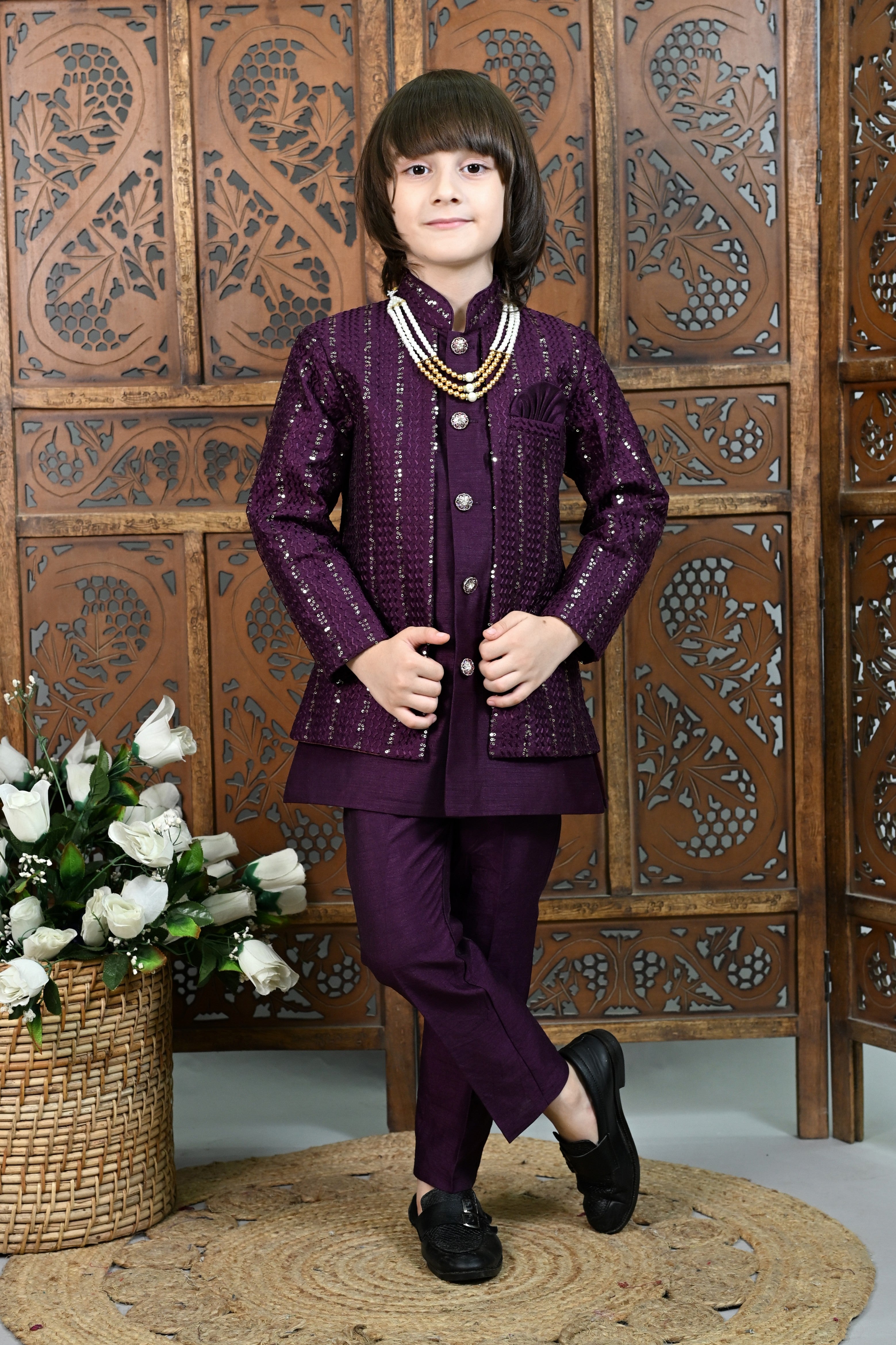 Ahhaaaa Boys Kurta Set with Attached Sequin Jacket for Wedding and Festivals Wine
