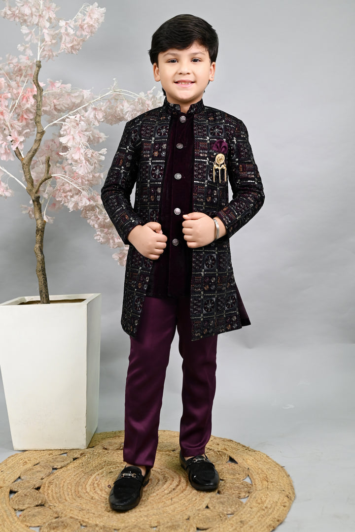 AHHAAAA Heritage Charm Sequin-Embellished Velvet Sherwani for Boys | Festive & Wedding Ethnic Outfit |574| Wine