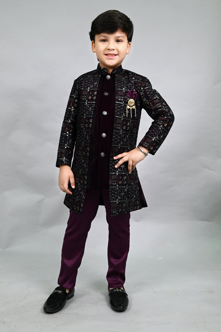 AHHAAAA Heritage Charm Sequin-Embellished Velvet Sherwani for Boys | Festive & Wedding Ethnic Outfit |574|