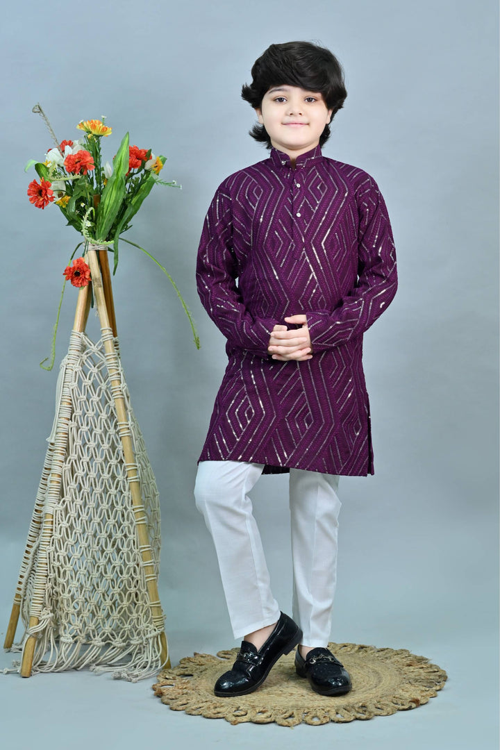 Ahhaaaa Kid's Mirror Work Sequin Embellished & Embroidered Kurta with Pajama for Boys Purple