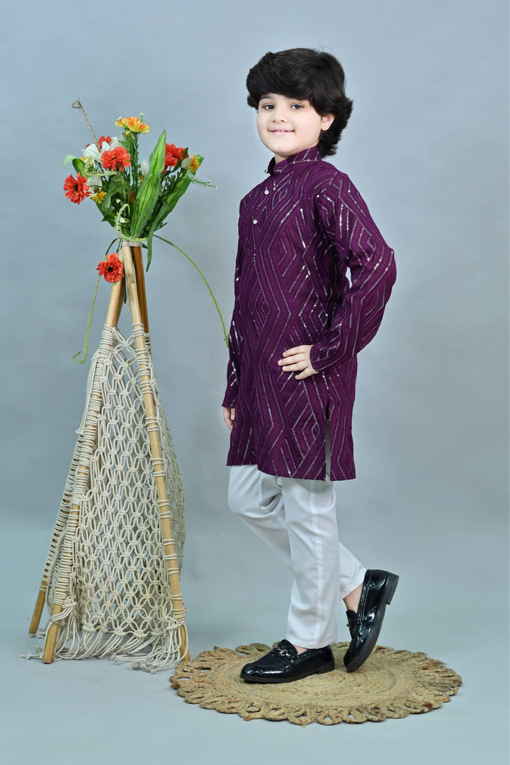 Ahhaaaa Kid's Mirror Work Sequin Embellished & Embroidered Kurta with Pajama for Boys