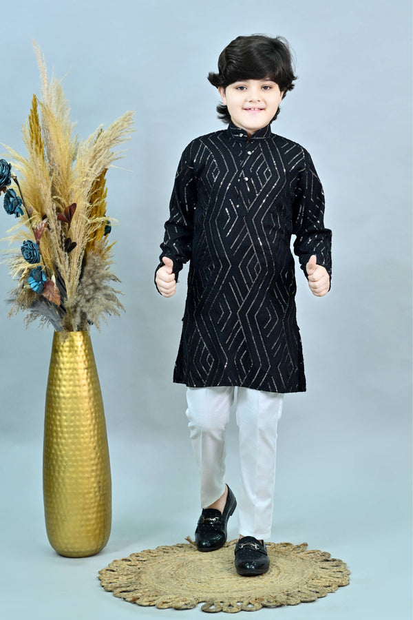 Ahhaaaa Kid's Mirror Work Sequin Embellished & Embroidered Kurta with Pajama for Boys Black