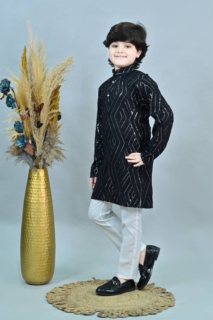 Ahhaaaa Kid's Mirror Work Sequin Embellished & Embroidered Kurta with Pajama for Boys