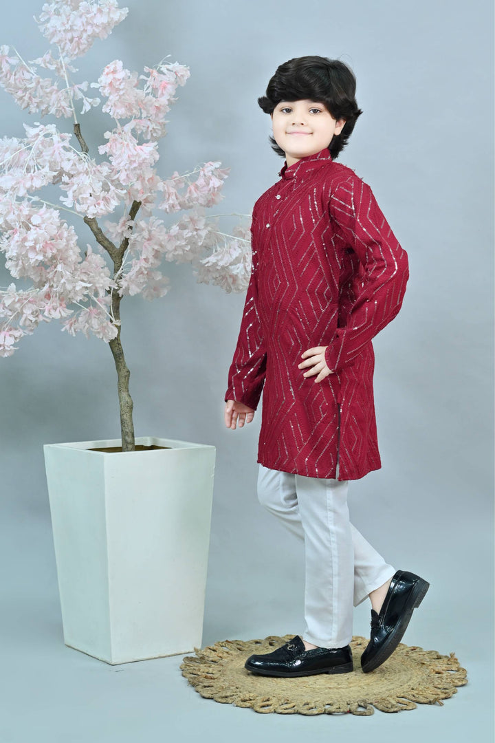 Ahhaaaa Kid's Mirror Work Sequin Embellished & Embroidered Kurta with Pajama for Boys