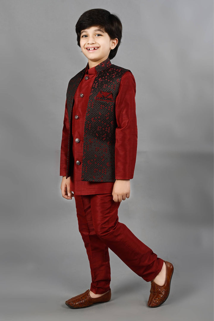 Ahhaaaa Kids Ethnic Silk Blend Waistcoat Kurta Pyjama 3 Piece Sherwani Set For Boys