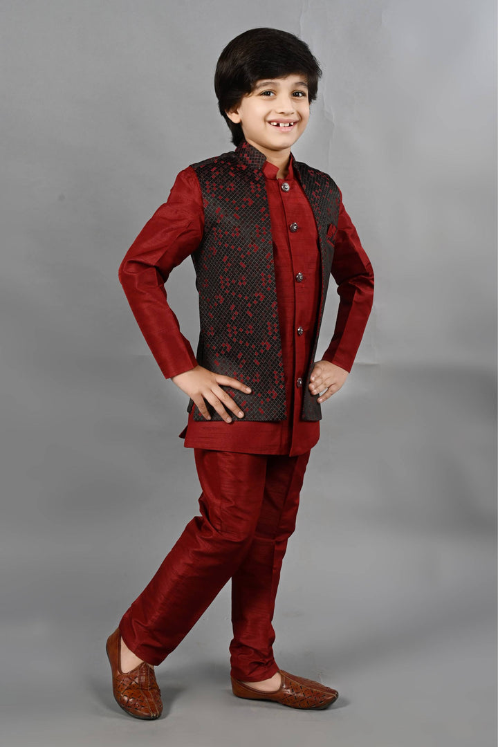 Ahhaaaa Kids Ethnic Silk Blend Waistcoat Kurta Pyjama 3 Piece Sherwani Set For Boys