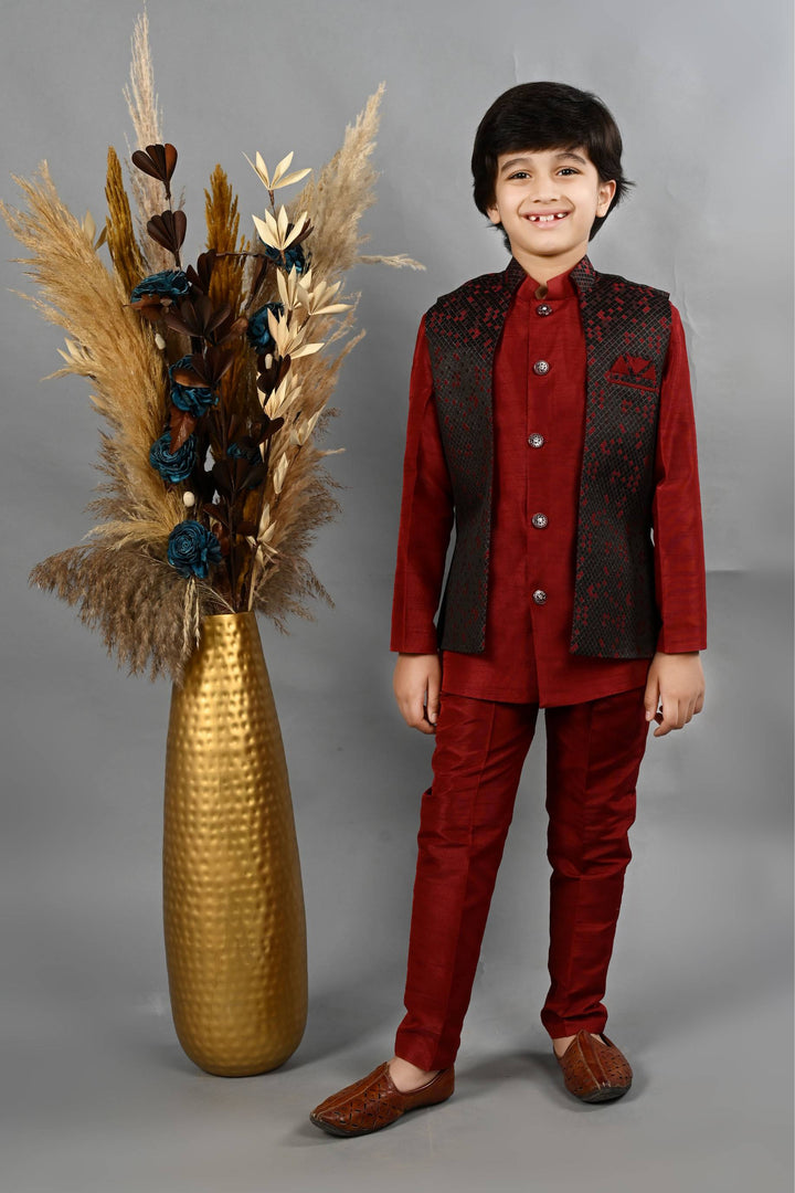 Ahhaaaa Kids Ethnic Silk Blend Waistcoat Kurta Pyjama 3 Piece Sherwani Set For Boys Red