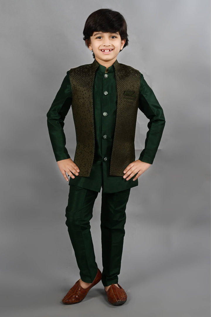 Ahhaaaa Kids Ethnic Silk Blend Waistcoat Kurta Pyjama 3 Piece Sherwani Set For Boys