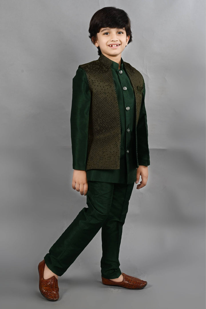 Ahhaaaa Kids Ethnic Silk Blend Waistcoat Kurta Pyjama 3 Piece Sherwani Set For Boys