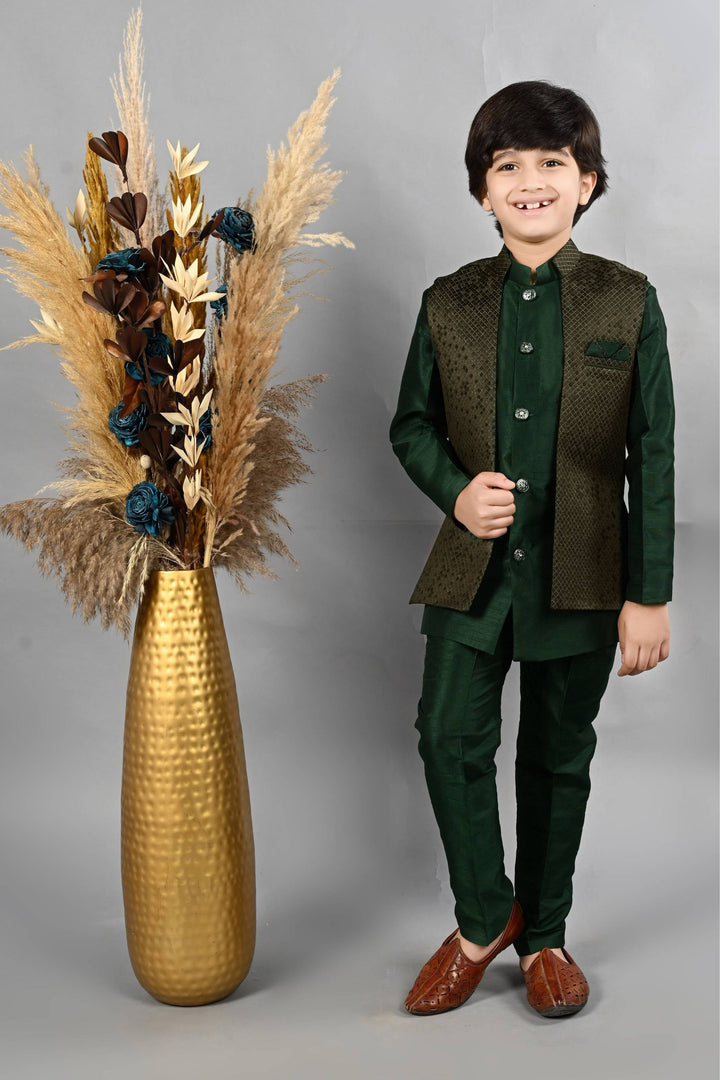 Ahhaaaa Kids Ethnic Silk Blend Waistcoat Kurta Pyjama 3 Piece Sherwani Set For Boys Green