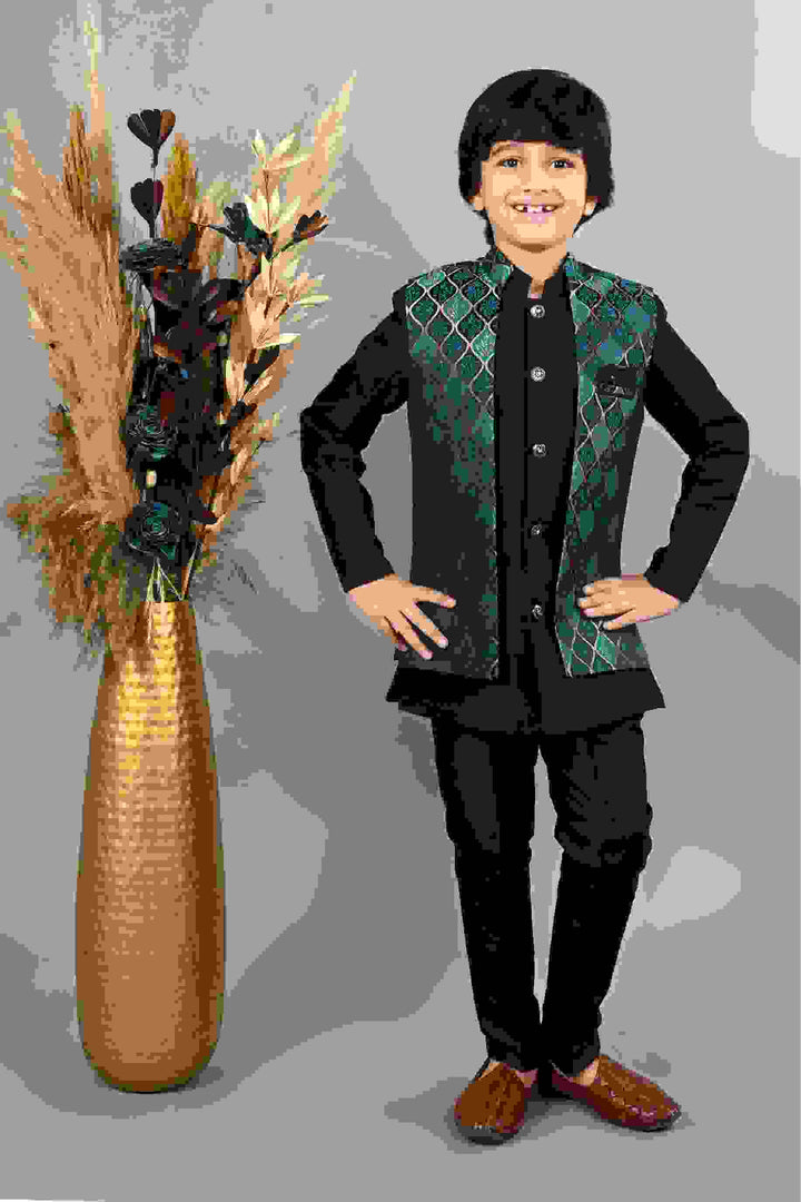 Ahhaaaa Kids Silk Blend Waistcoat, Kurta Pyjama 3 Piece Sherwani Set For Boys Black