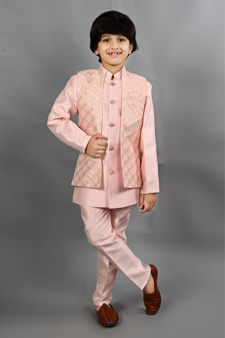 Ahhaaaa Kids Ethnic Silk Blend Waistcoat Kurta Pyjama 3 Piece Sherwani Set For Boys