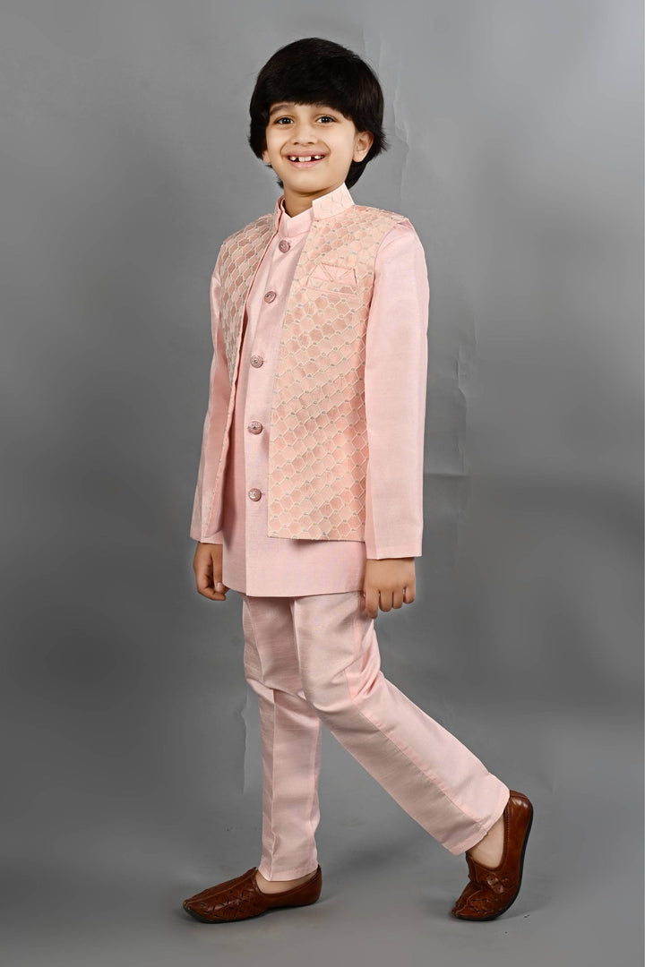 Ahhaaaa Kids Ethnic Silk Blend Waistcoat Kurta Pyjama 3 Piece Sherwani Set For Boys