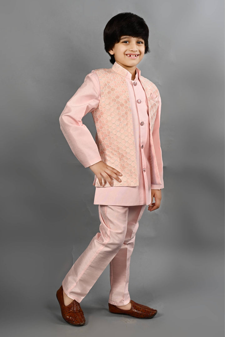 Ahhaaaa Kids Ethnic Silk Blend Waistcoat Kurta Pyjama 3 Piece Sherwani Set For Boys