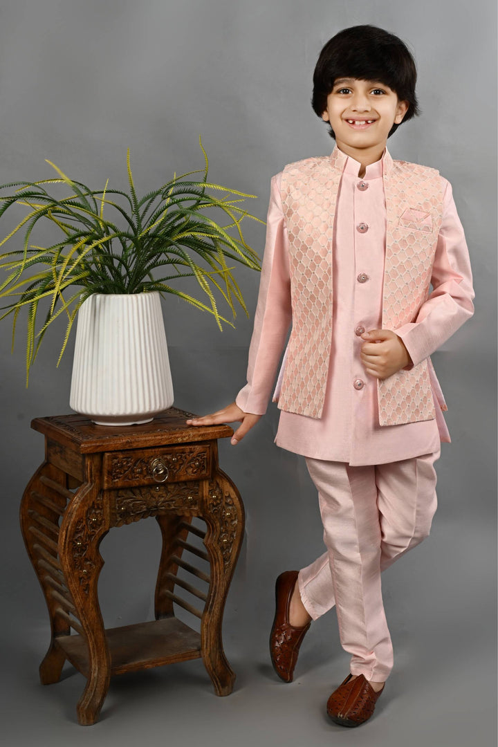 Ahhaaaa Kids Ethnic Silk Blend Waistcoat Kurta Pyjama 3 Piece Sherwani Set For Boys Pink