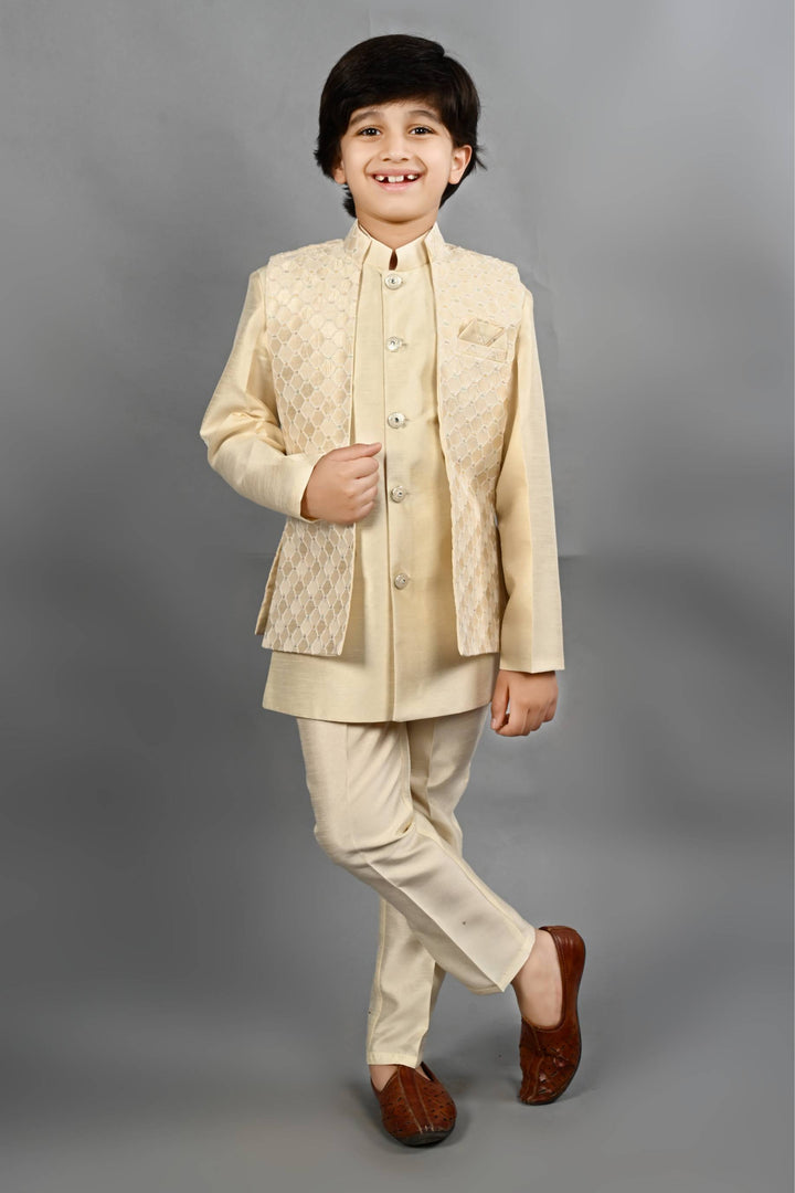 Ahhaaaa Kids Ethnic Silk Blend Waistcoat Kurta Pyjama 3 Piece Sherwani Set For Boys