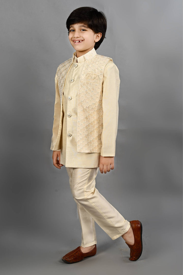 Ahhaaaa Kids Ethnic Silk Blend Waistcoat Kurta Pyjama 3 Piece Sherwani Set For Boys