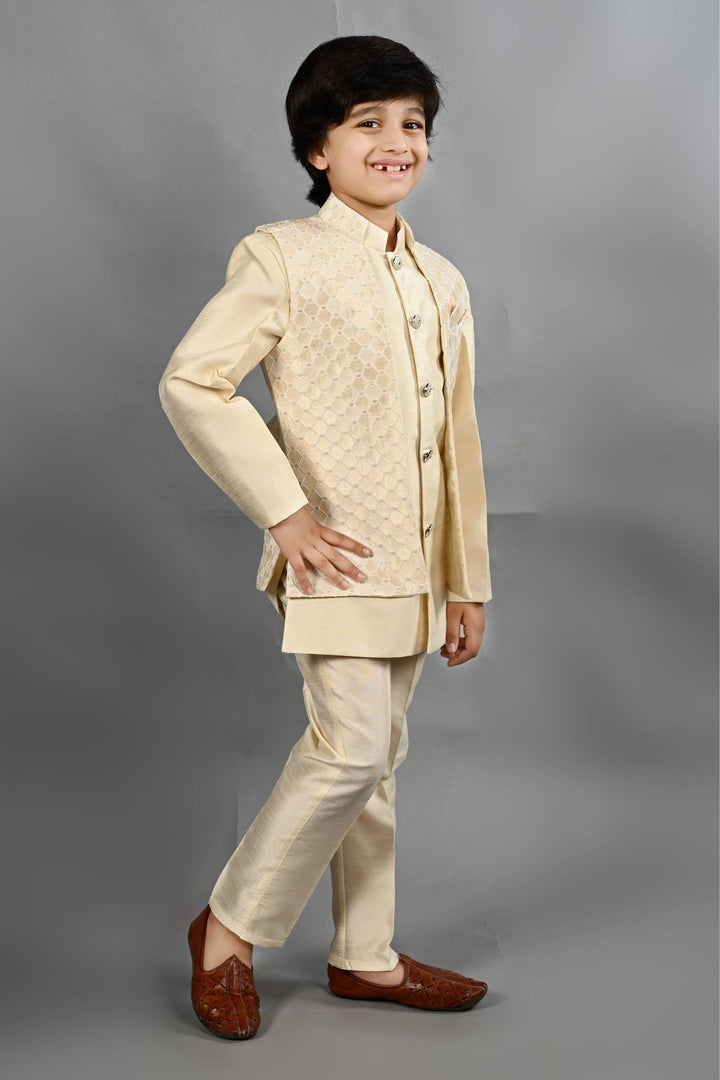 Ahhaaaa Kids Ethnic Silk Blend Waistcoat Kurta Pyjama 3 Piece Sherwani Set For Boys